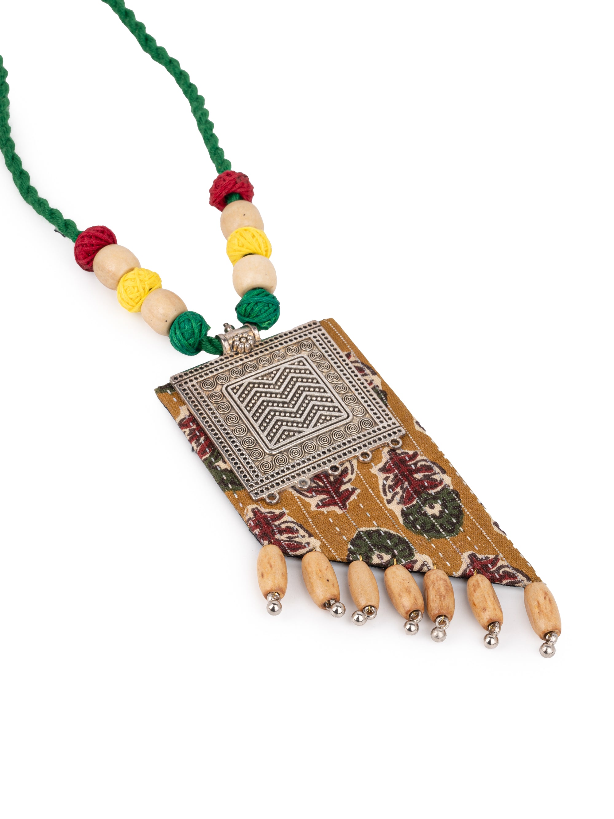 MAURYANA - Fabric, metal and beads crafted necklace set with earrings - adjustable length