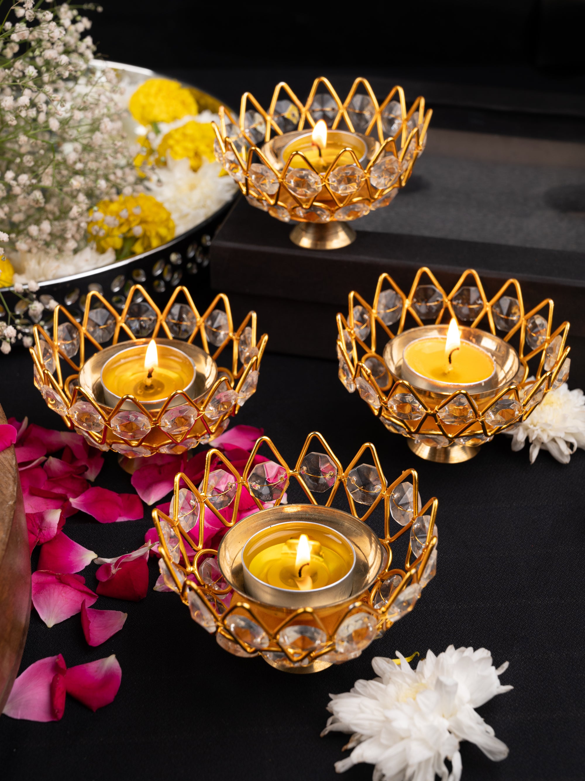 Set of 4 Crystal Metal Diya / Lamp in a Black Gift Box