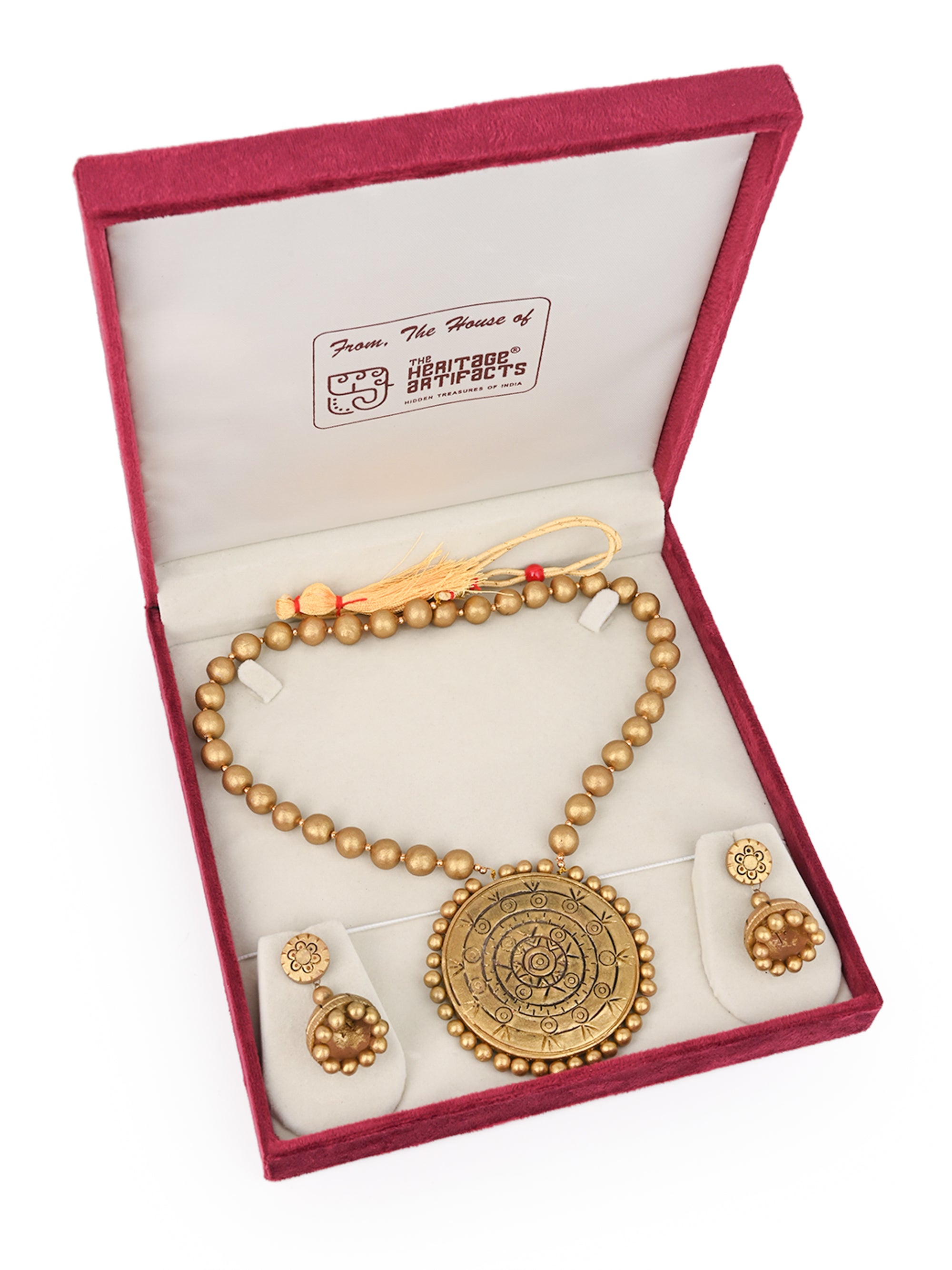 MAURYANA - Terracotta gold medallion shaped pendant necklace set with earrings - adjustable length