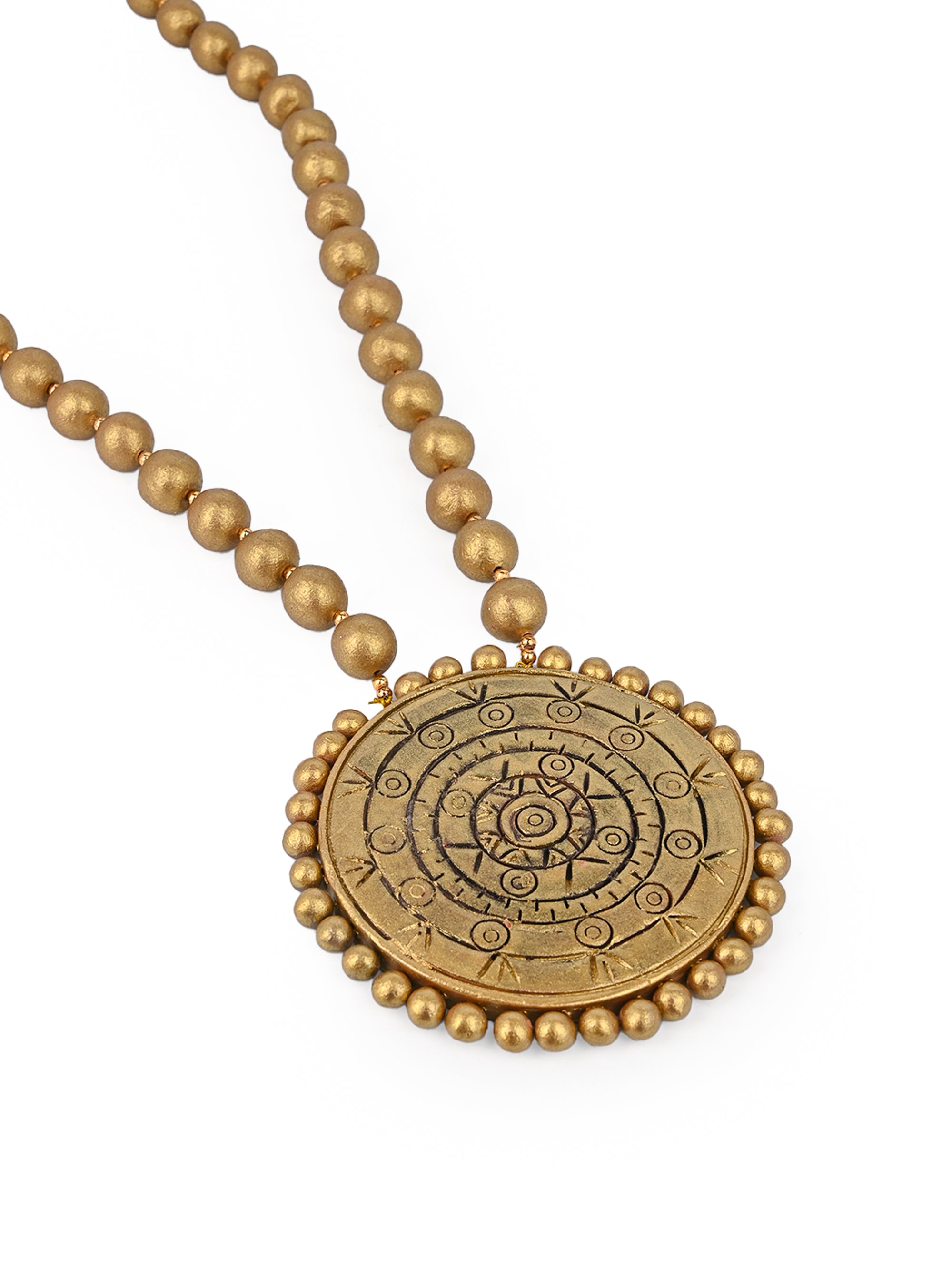 MAURYANA - Terracotta gold medallion shaped pendant necklace set with earrings - adjustable length
