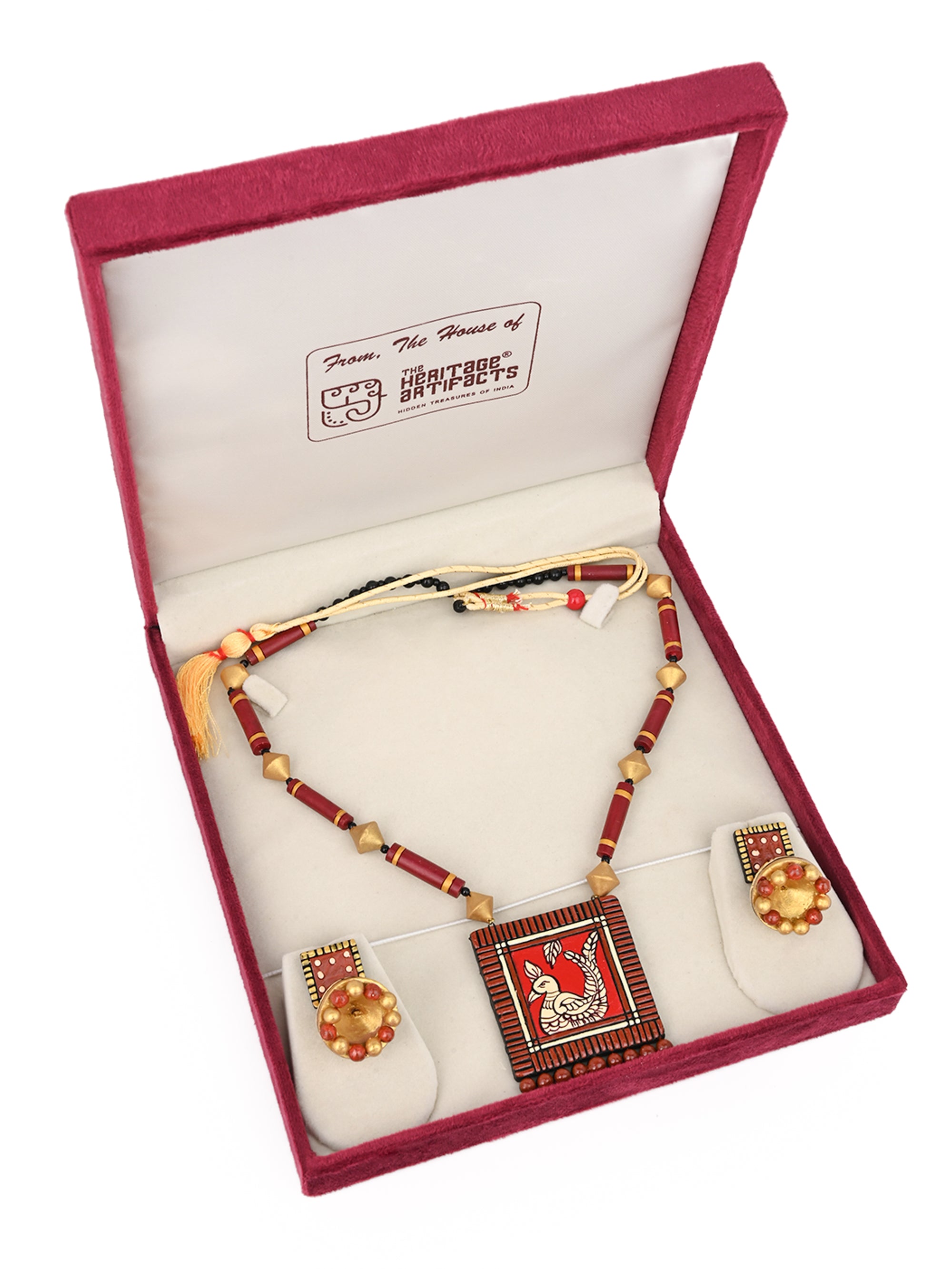 MAURYANA - Terracotta red and gold peacock design pendant necklace set with earrings - adjustable length