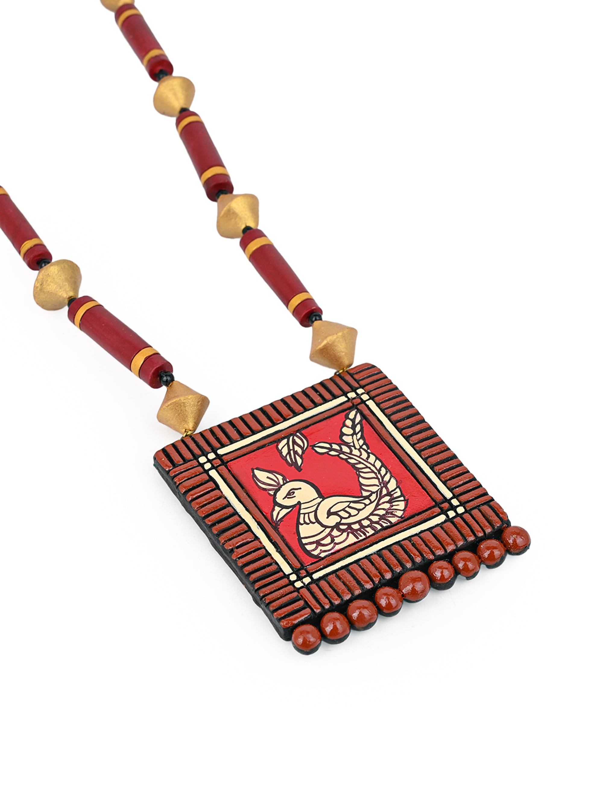 MAURYANA - Terracotta red and gold peacock design pendant necklace set with earrings - adjustable length