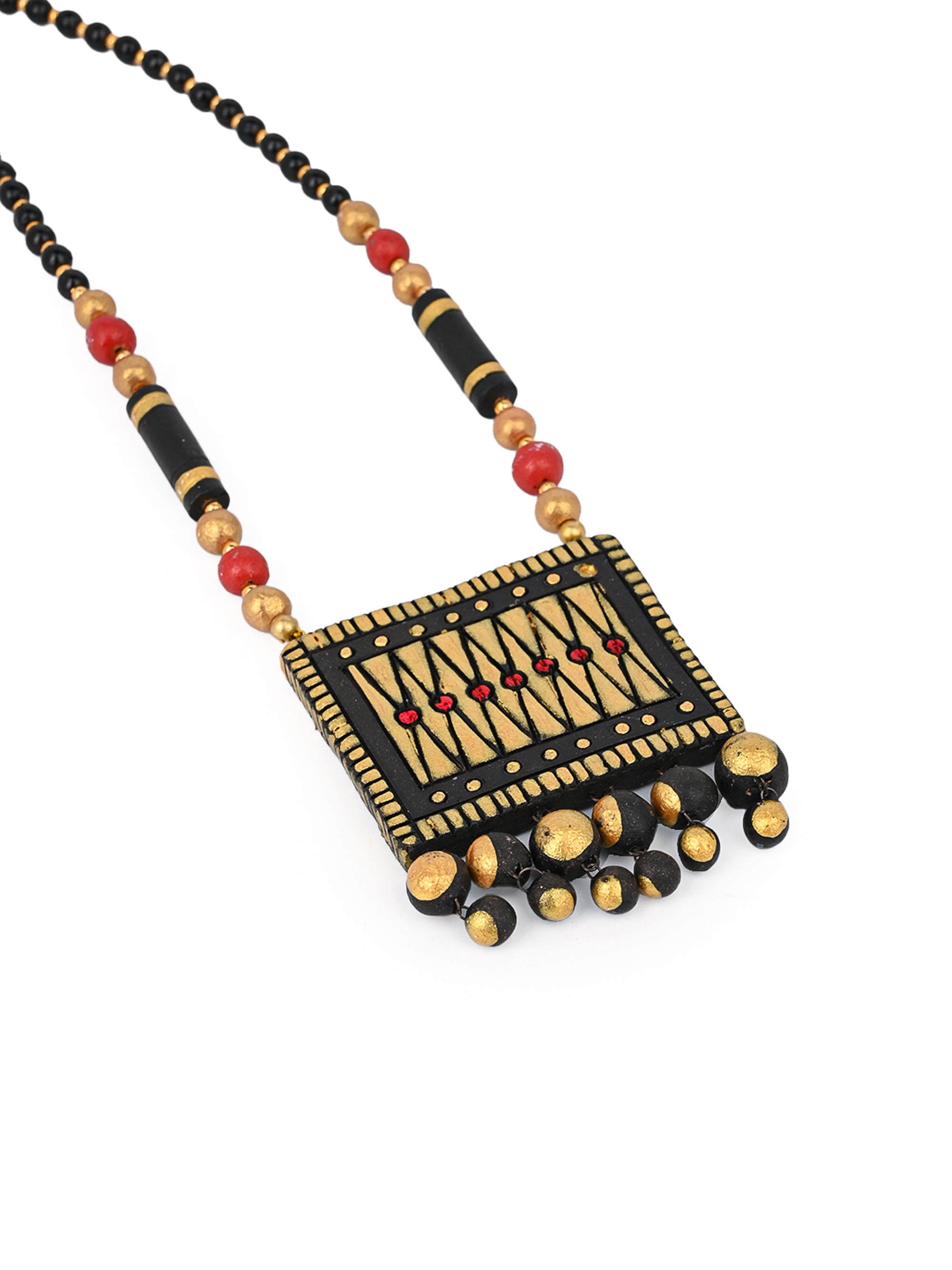 MAURYANA - Terracotta black and gold square pendant necklace set with earring available in assorted colors - adjustable length