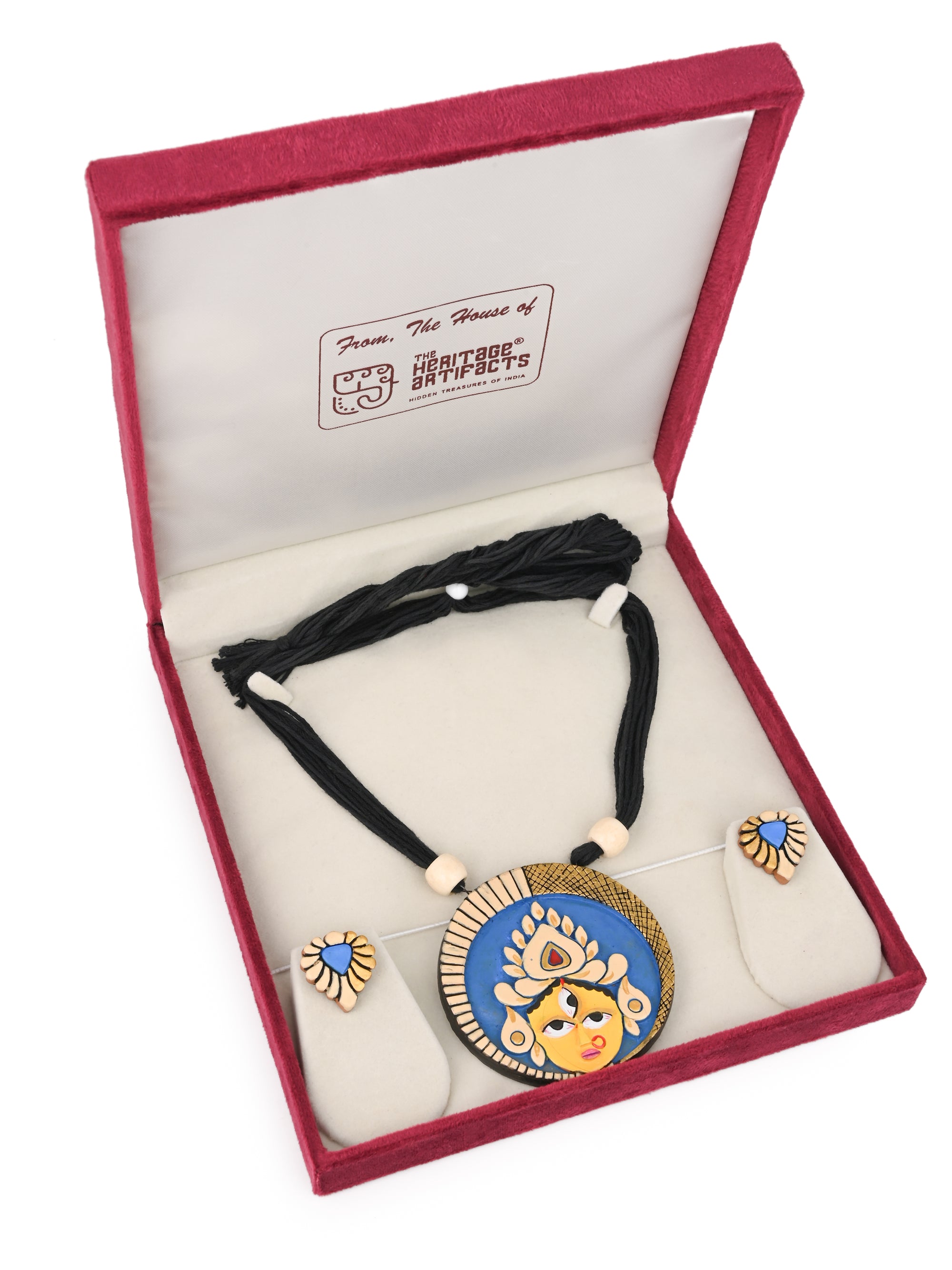 MAURYANA - Terracotta Durga mata face design pendant necklace set with earrings - Assorted colors - adjustable length