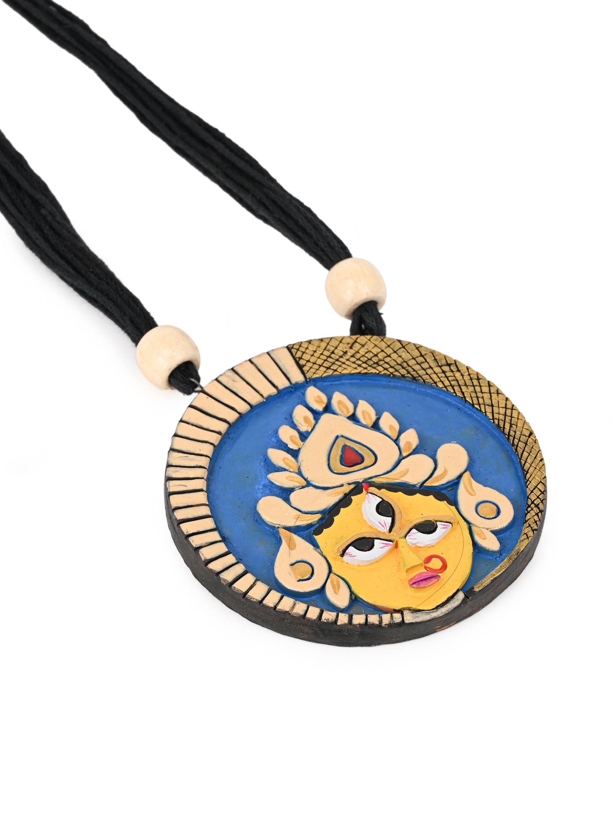 MAURYANA - Terracotta Durga mata face design pendant necklace set with earrings - Assorted colors - adjustable length