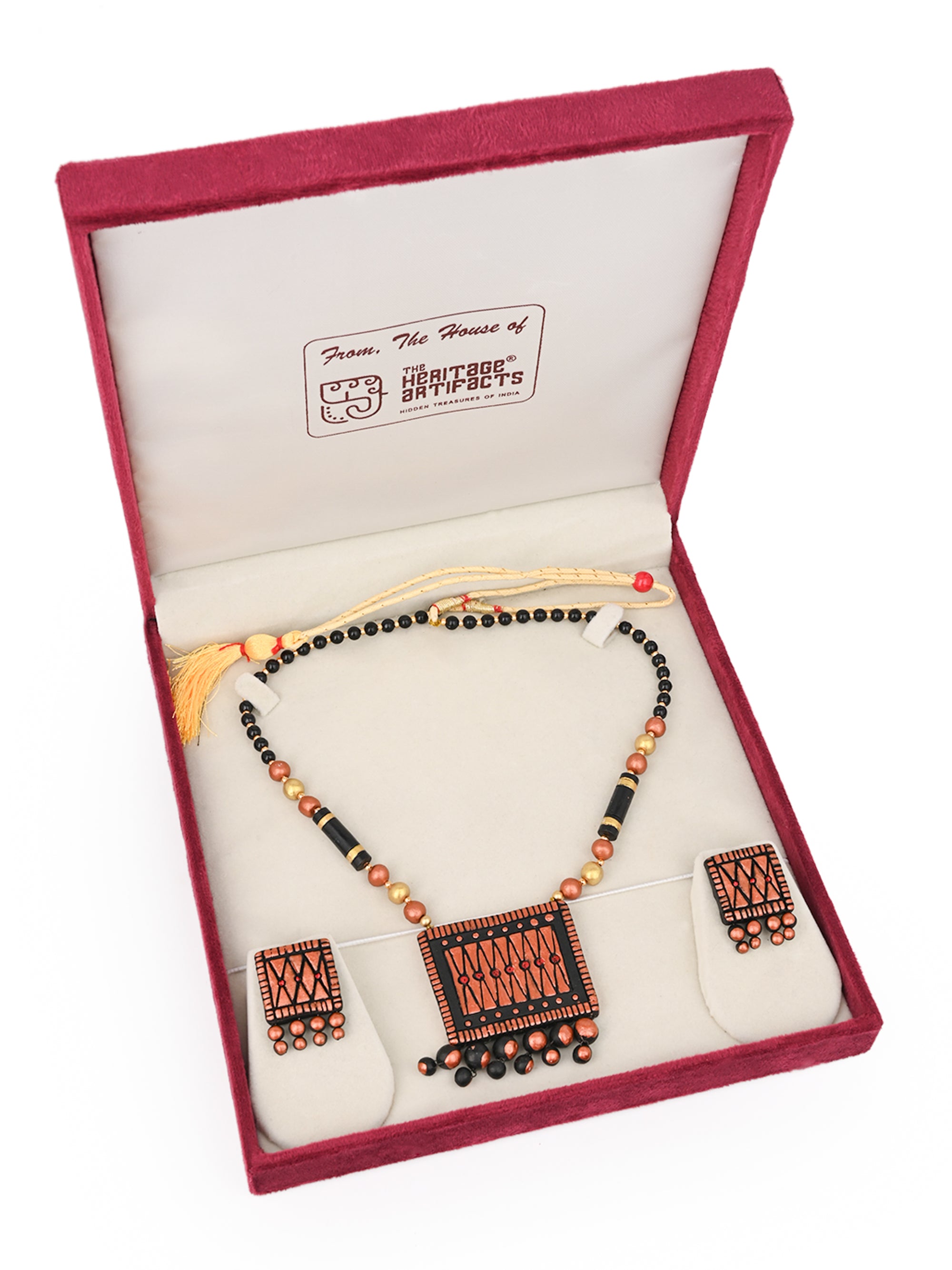 MAURYANA - Terracotta black and gold square pendant necklace set with earring available in assorted colors - adjustable length