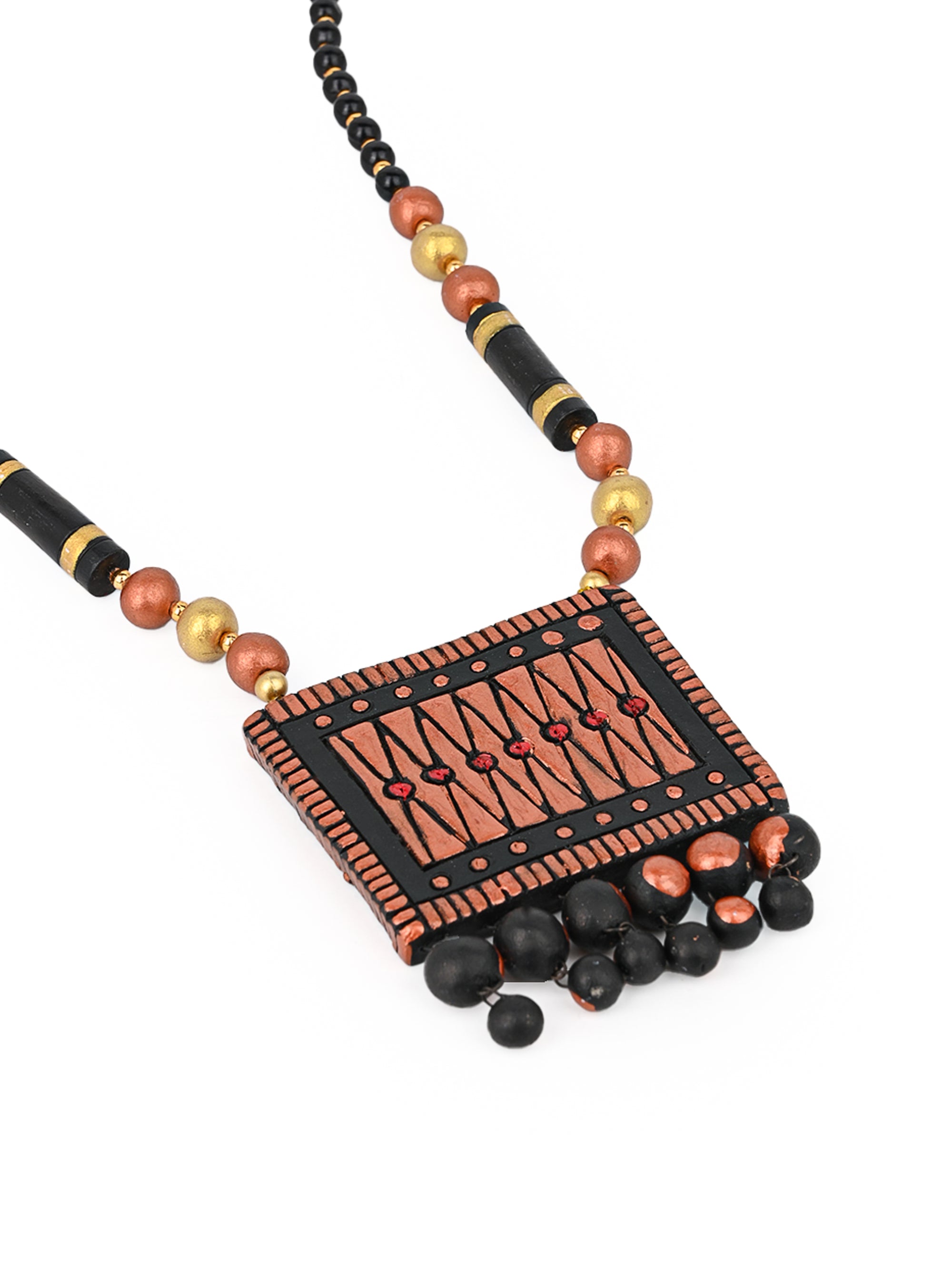 MAURYANA - Terracotta black and gold square pendant necklace set with earring available in assorted colors - adjustable length