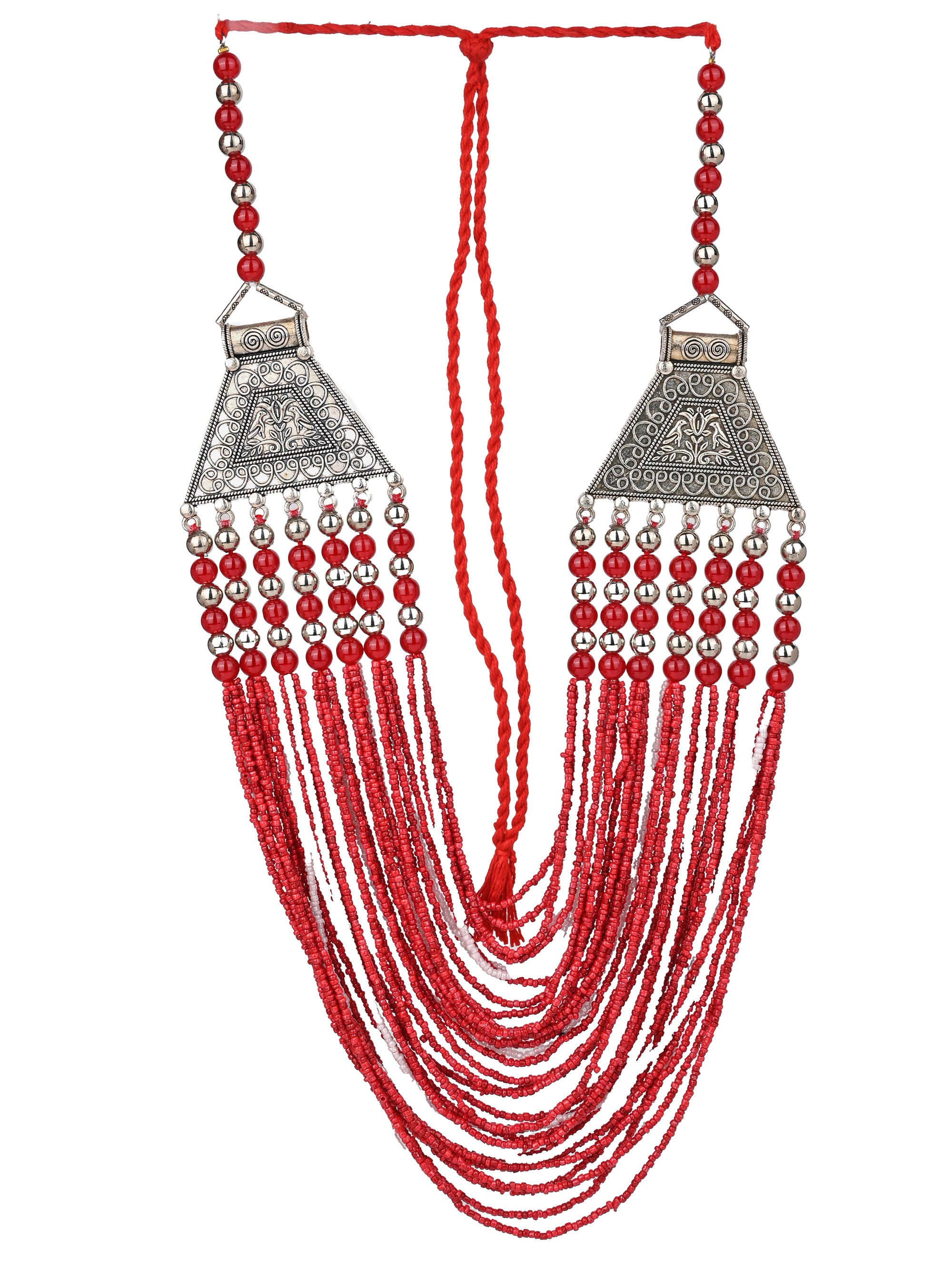 MAURYANA - Red color heavy beadwork necklace set with earrings - adjustable length