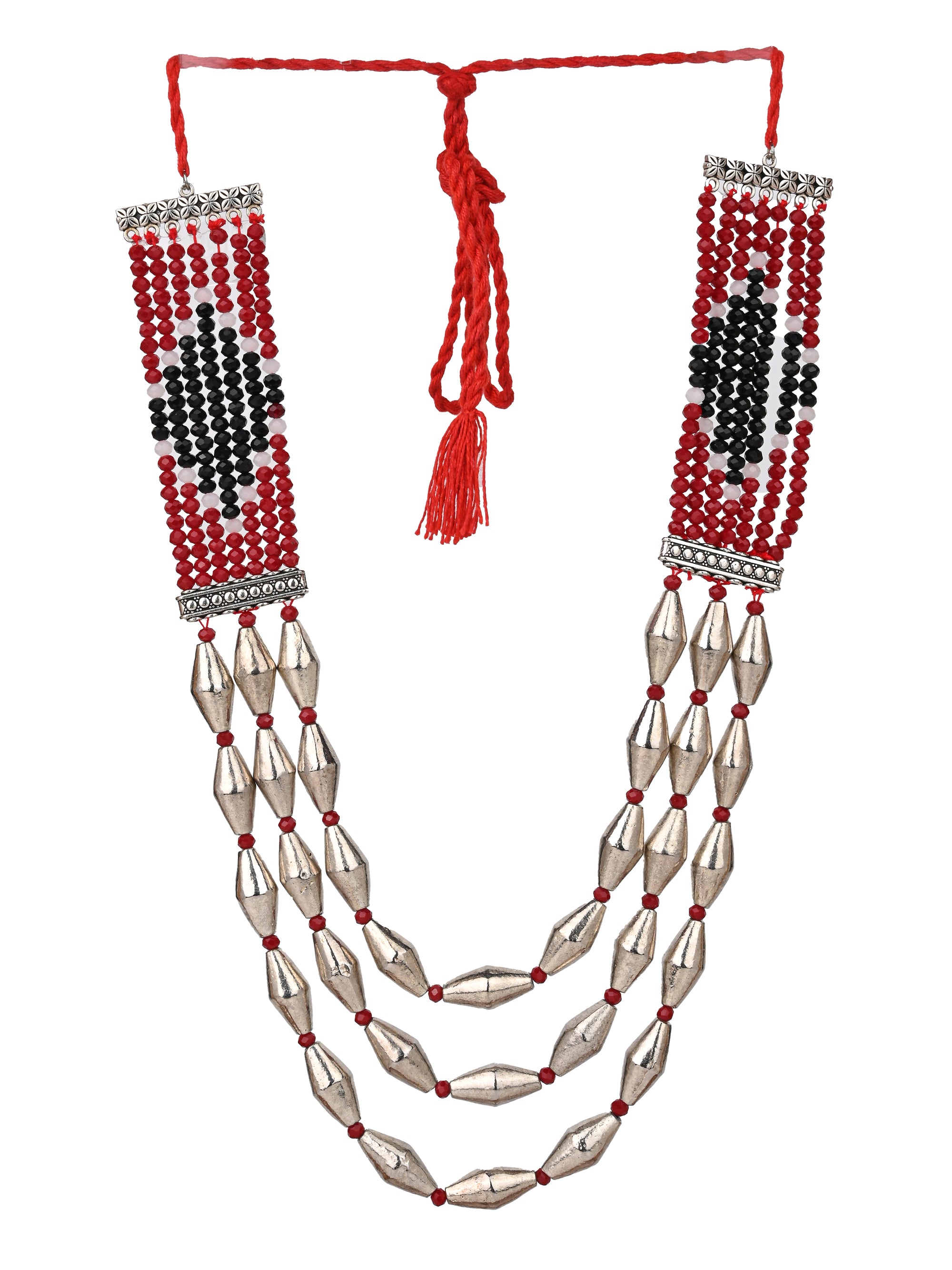 MAURYANA - Silver beads 3 layer necklace set with pair of earrings - adjustable length