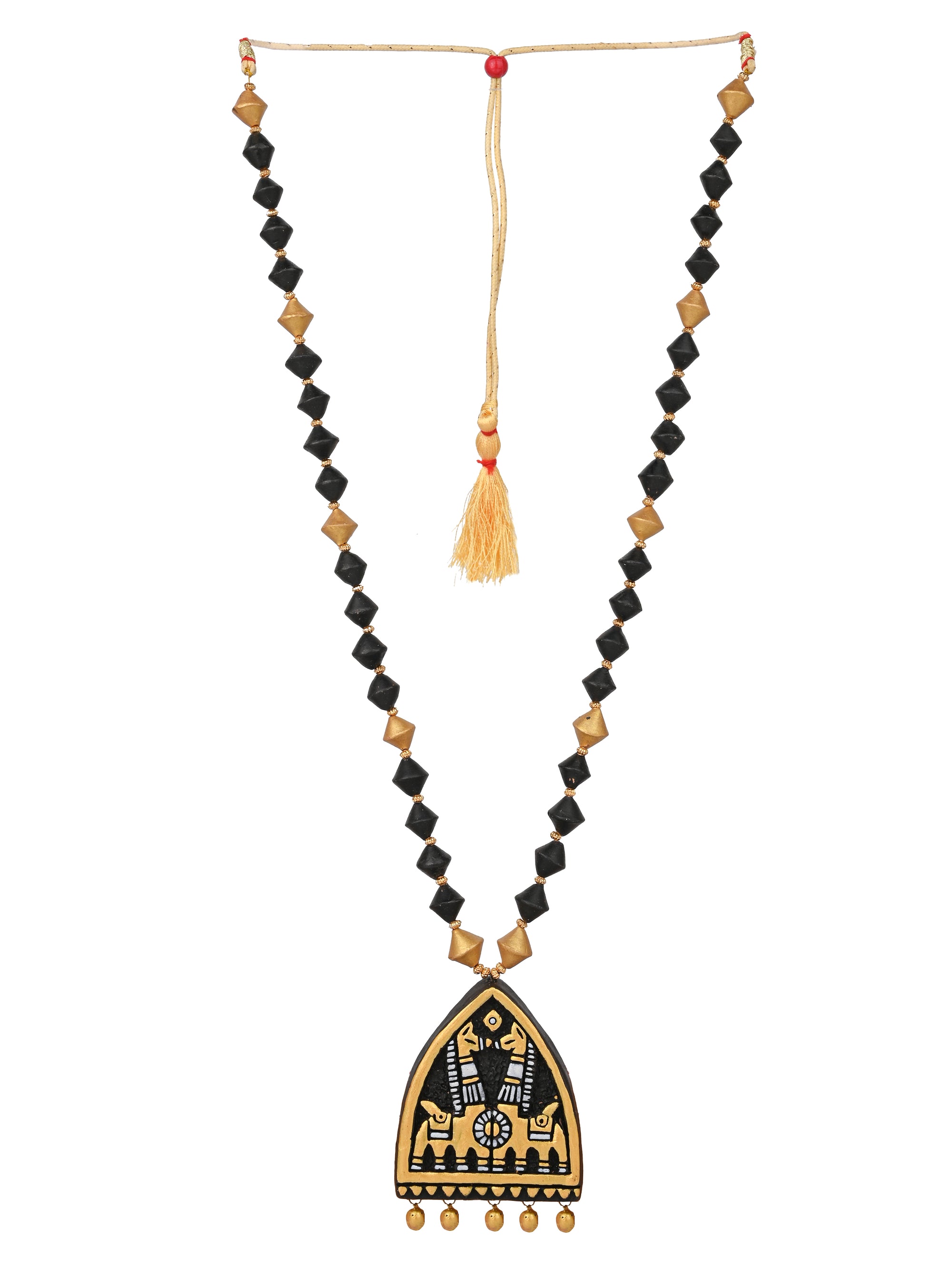 MAURYANA - Terracotta kathakali horse design pendant necklace set with earrings - adjustable length