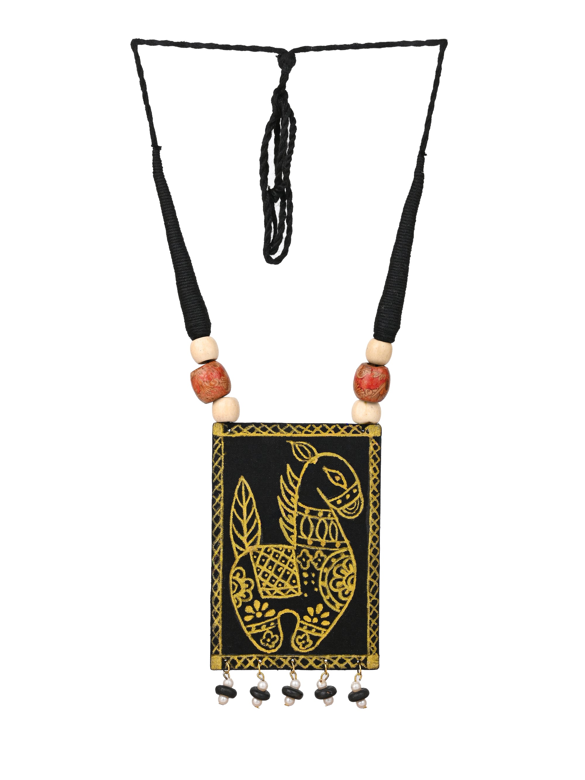 MAURYANA - Fabric crafted terracotta horse design pendant necklace set with earrings - adjustable length