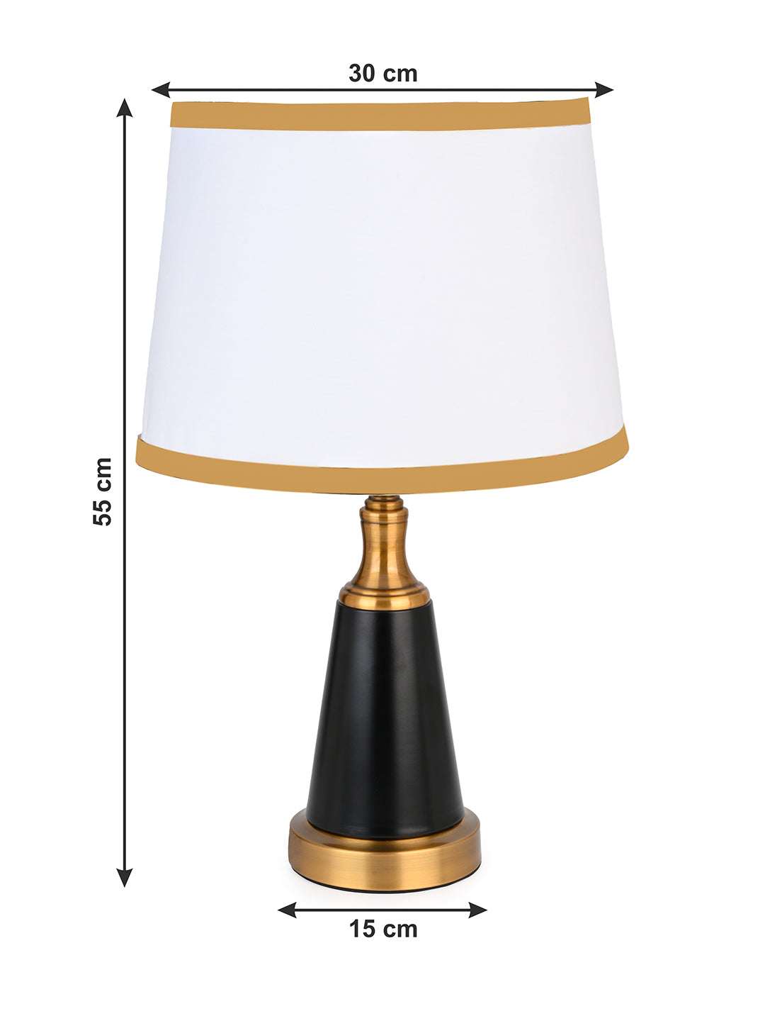 Smart and sturdy table lamp / bedside lamp with white shade, black base and a golden touch