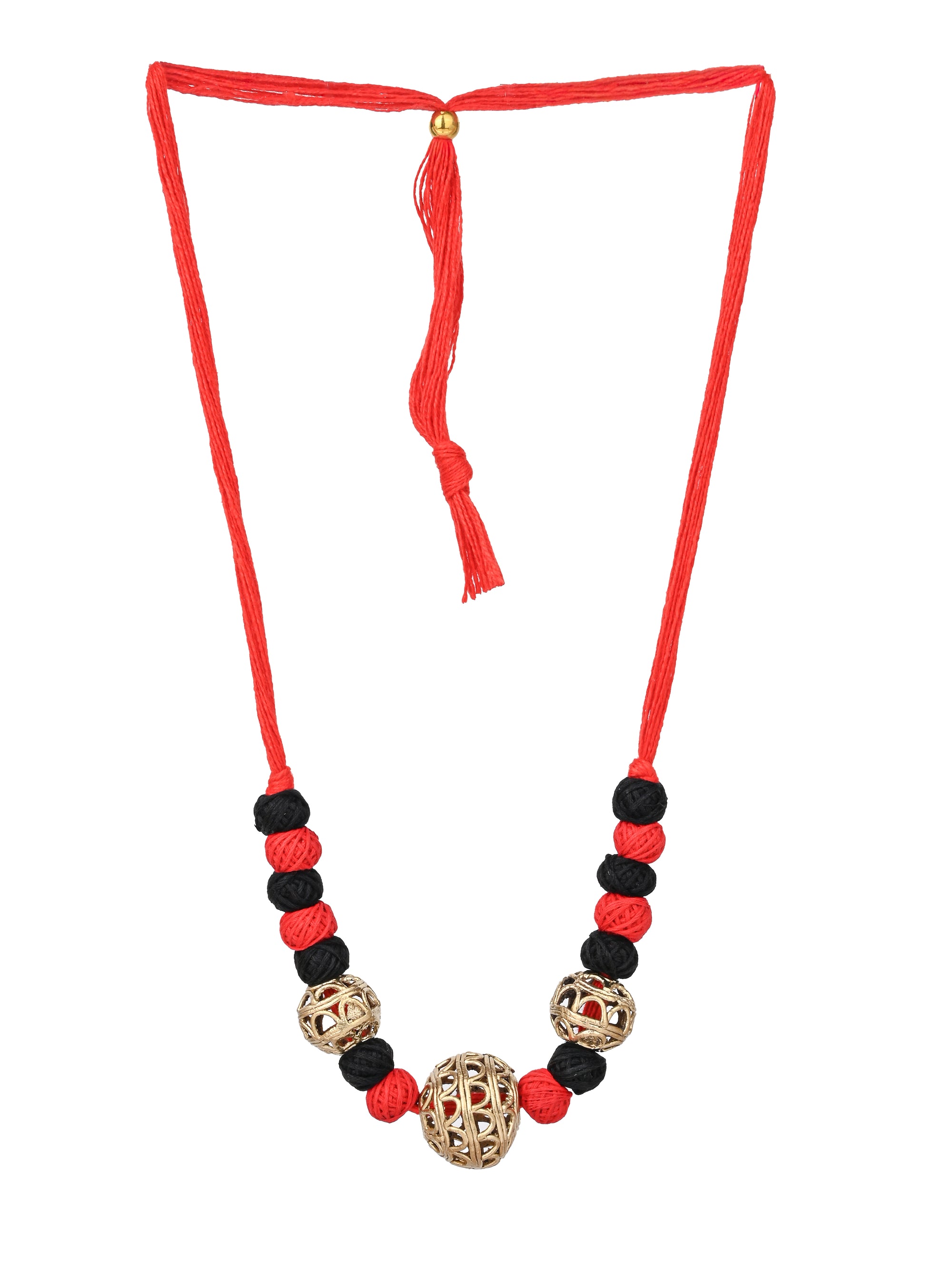 MAURYANA - Dokra craft 3 pendant necklace set with earrings - black and red color options - adjustable length