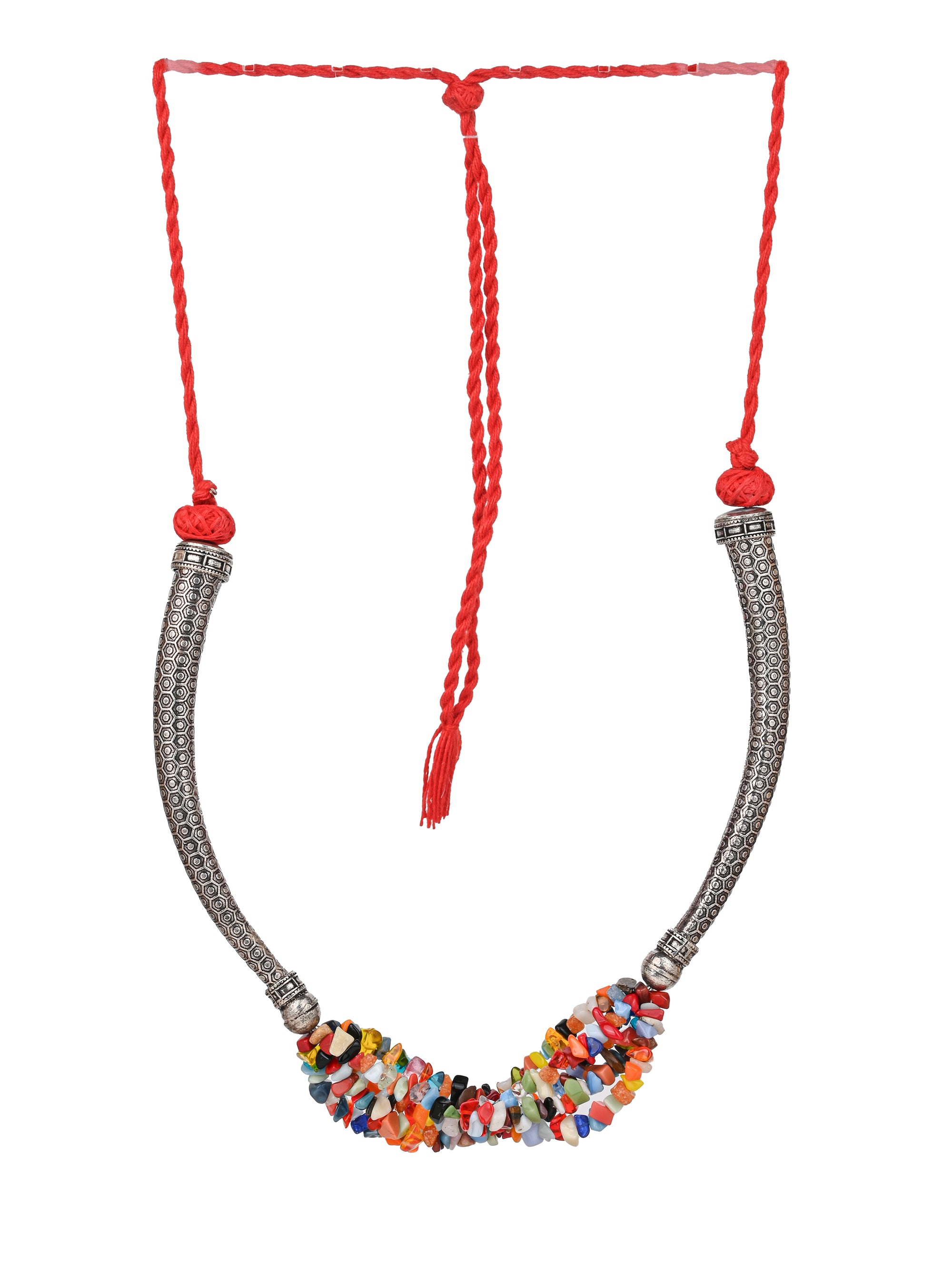 MAURYANA - Metal cone pipe with colorful beaded necklace and earrings set - adjustable length