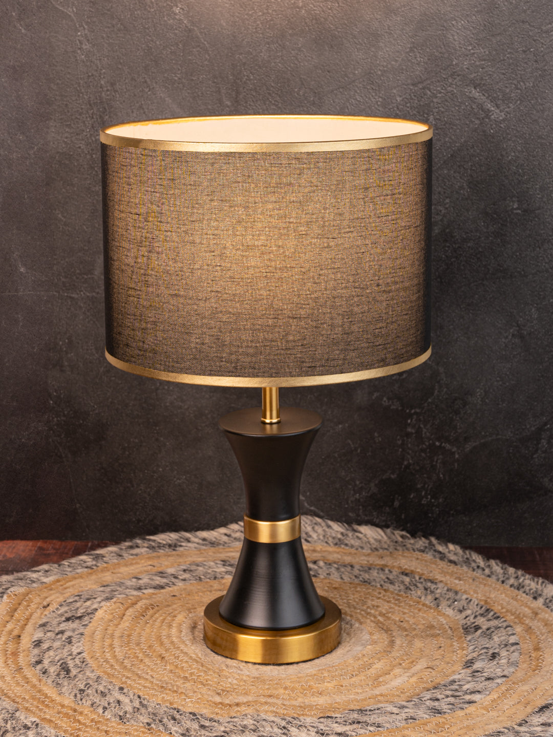 Black shade with gold and black metallic base table lamp / bedside lamp
