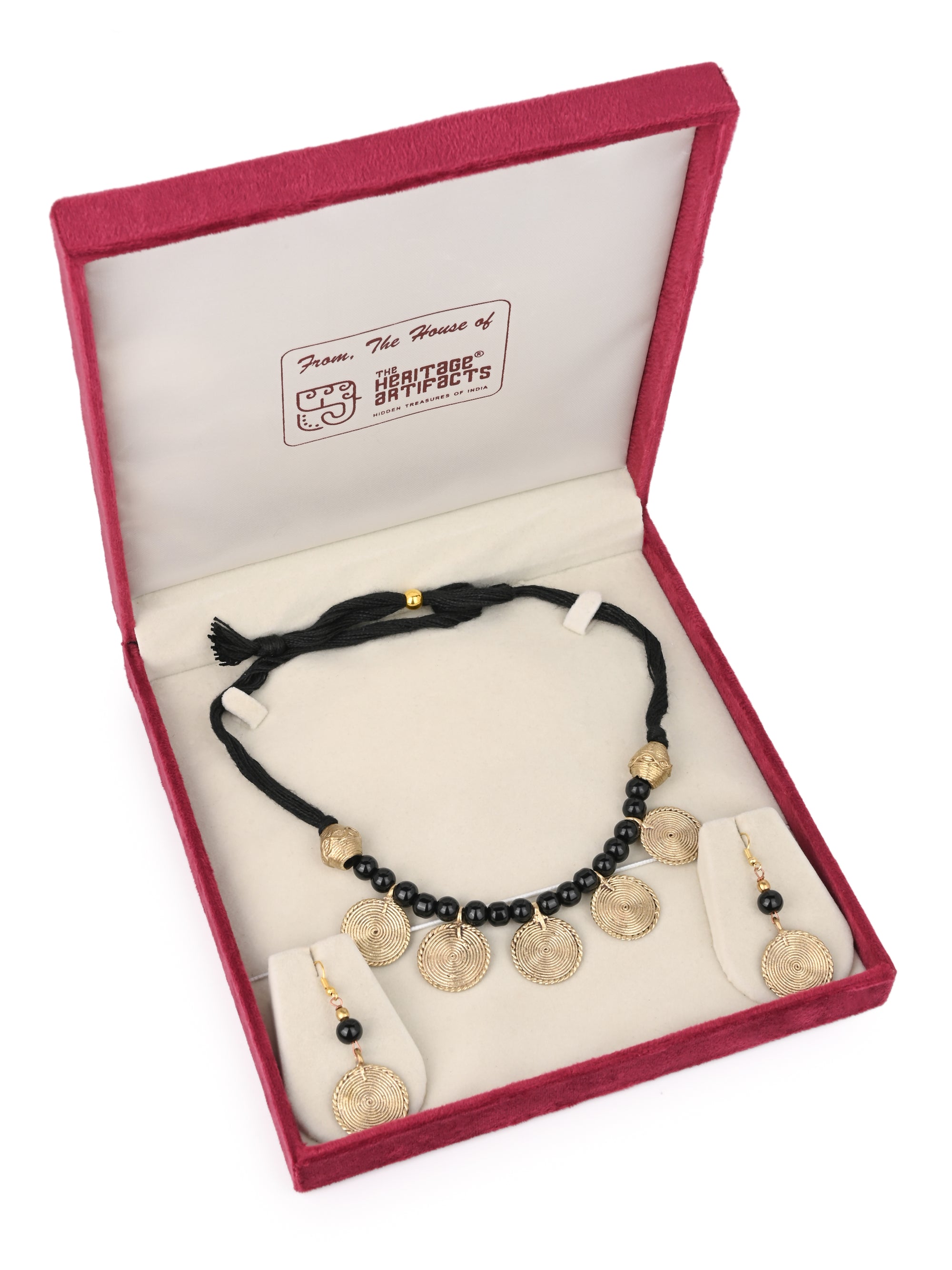 MAURYANA - Dokra craft beaded 5 pendant necklace set with earrings - adjustable length