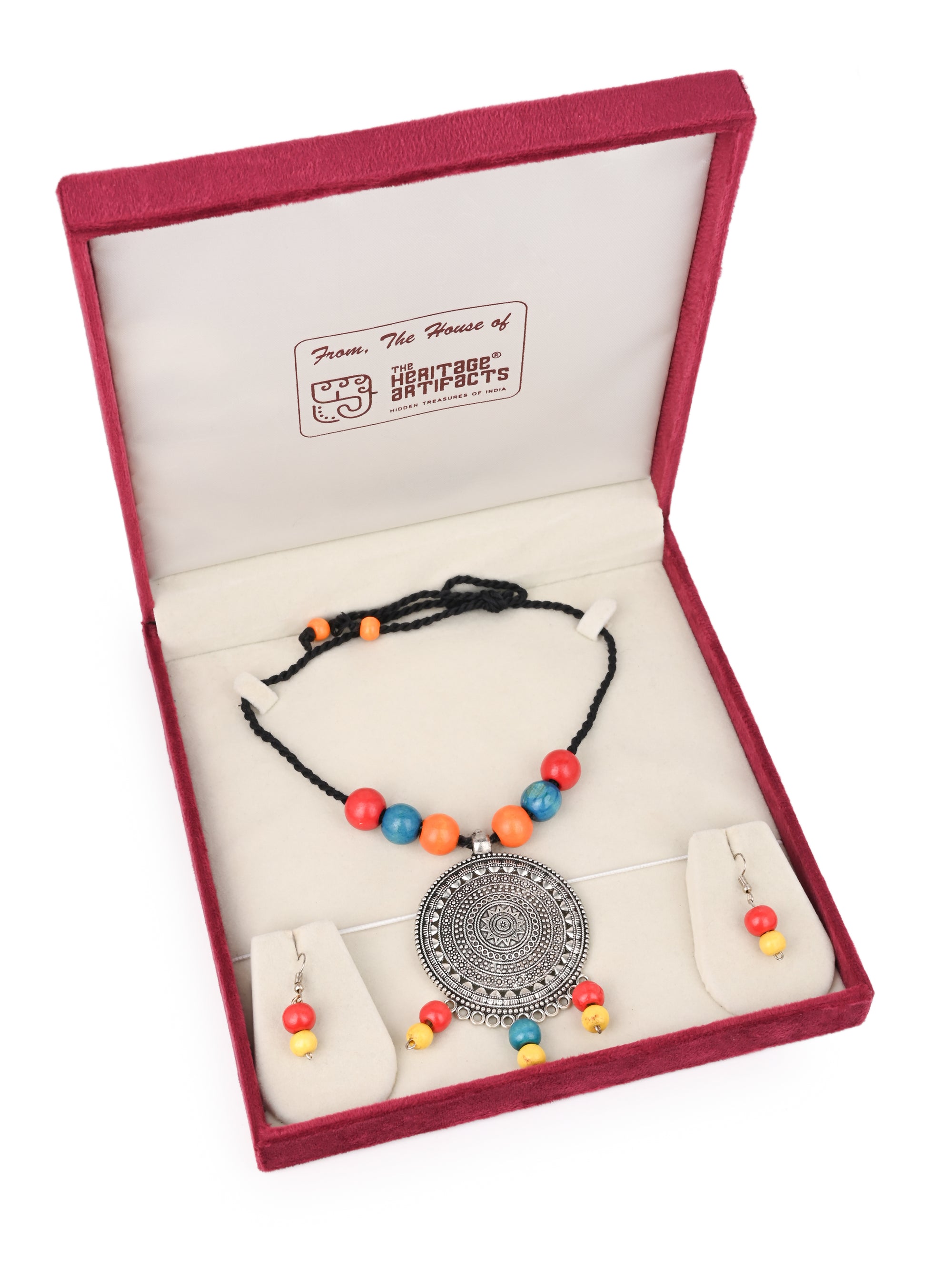 MAURYANA - Colorful beads with medallion pendant necklace and earrings - adjustable length