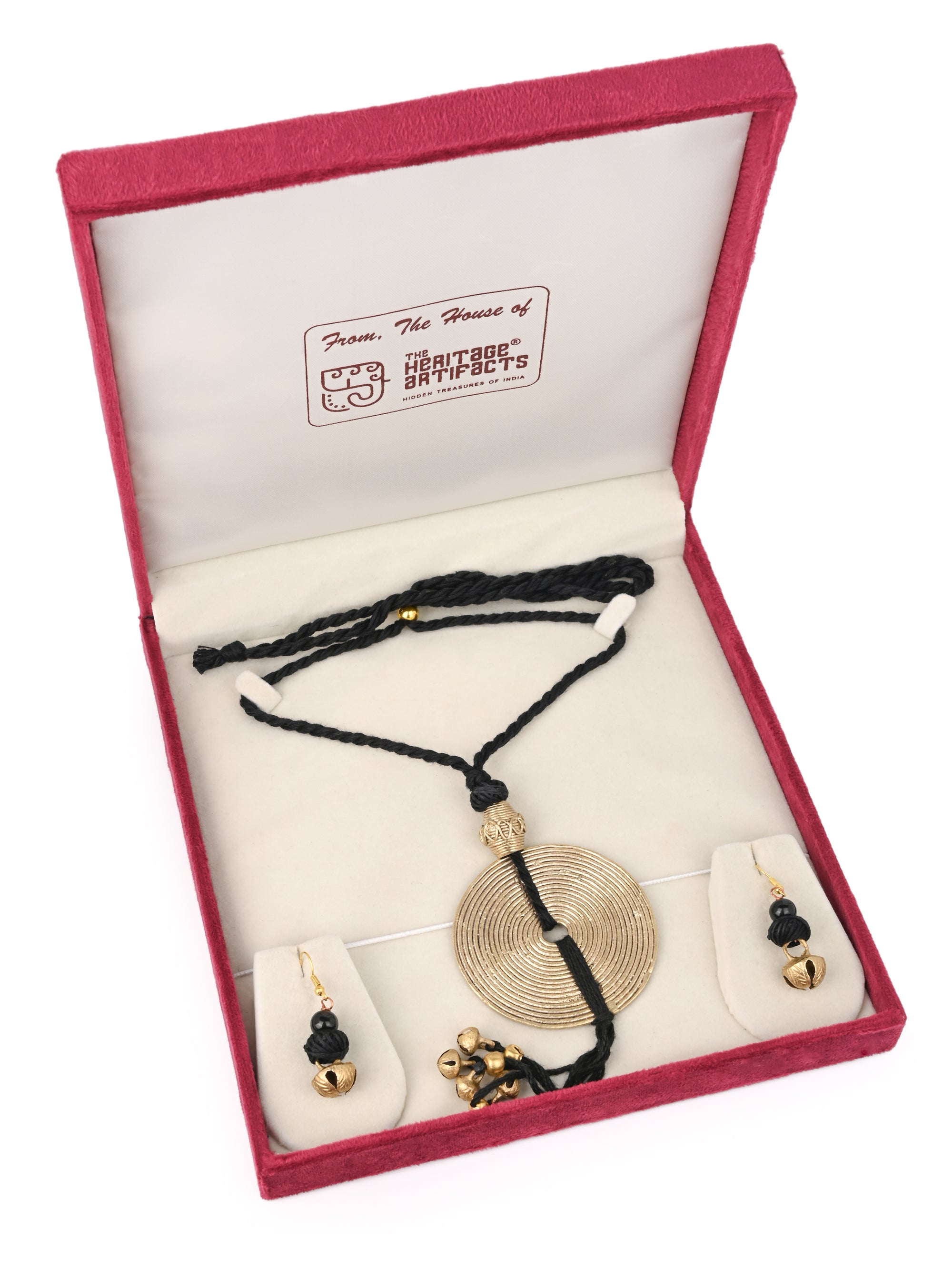 MAURYANA - Dokra craft medallion pendant necklace set with earrings - adjustable length