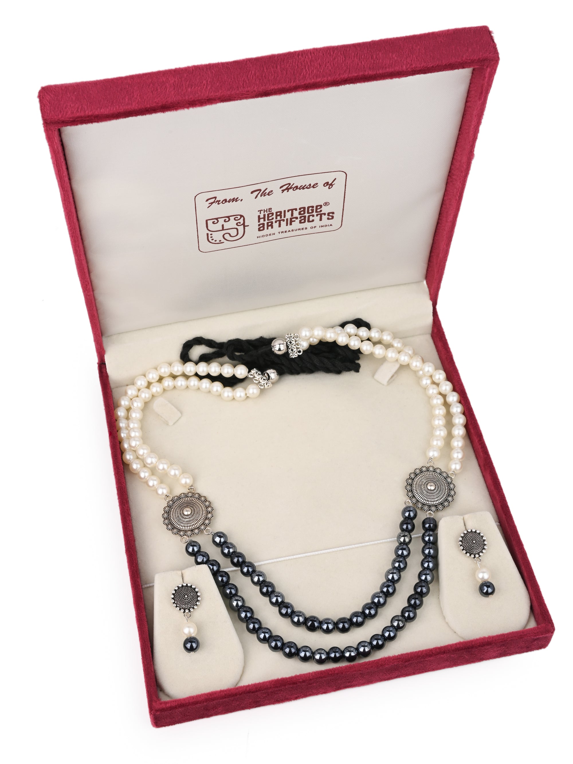 MAURYANA - Shiny beaded necklace in black and brown color options with earrings - adjustable length