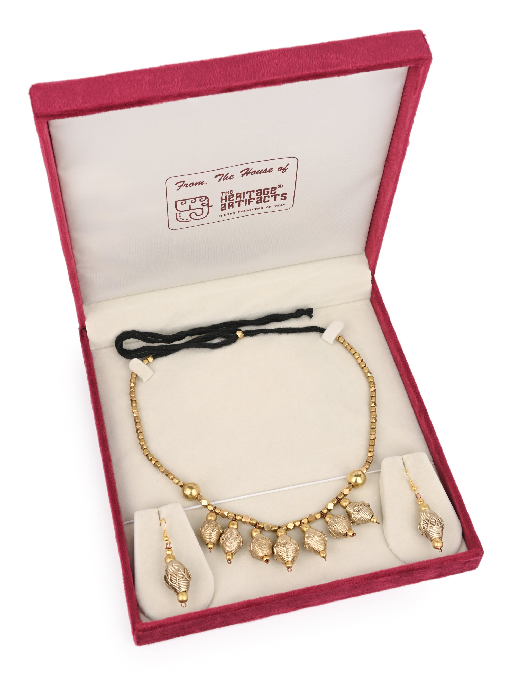 MAURYANA - Dokra craft multiple pendants necklace with earring set - adjustable length