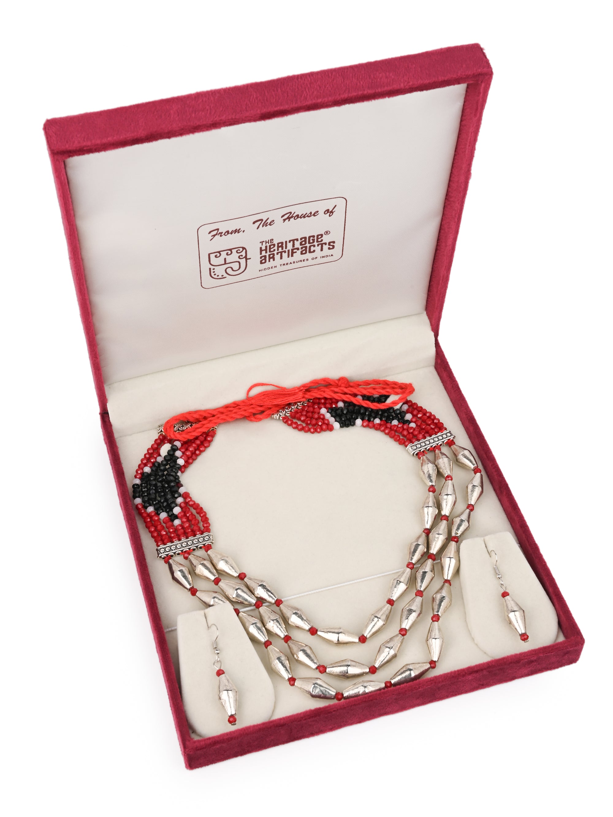 MAURYANA - Silver beads 3 layer necklace set with pair of earrings - adjustable length