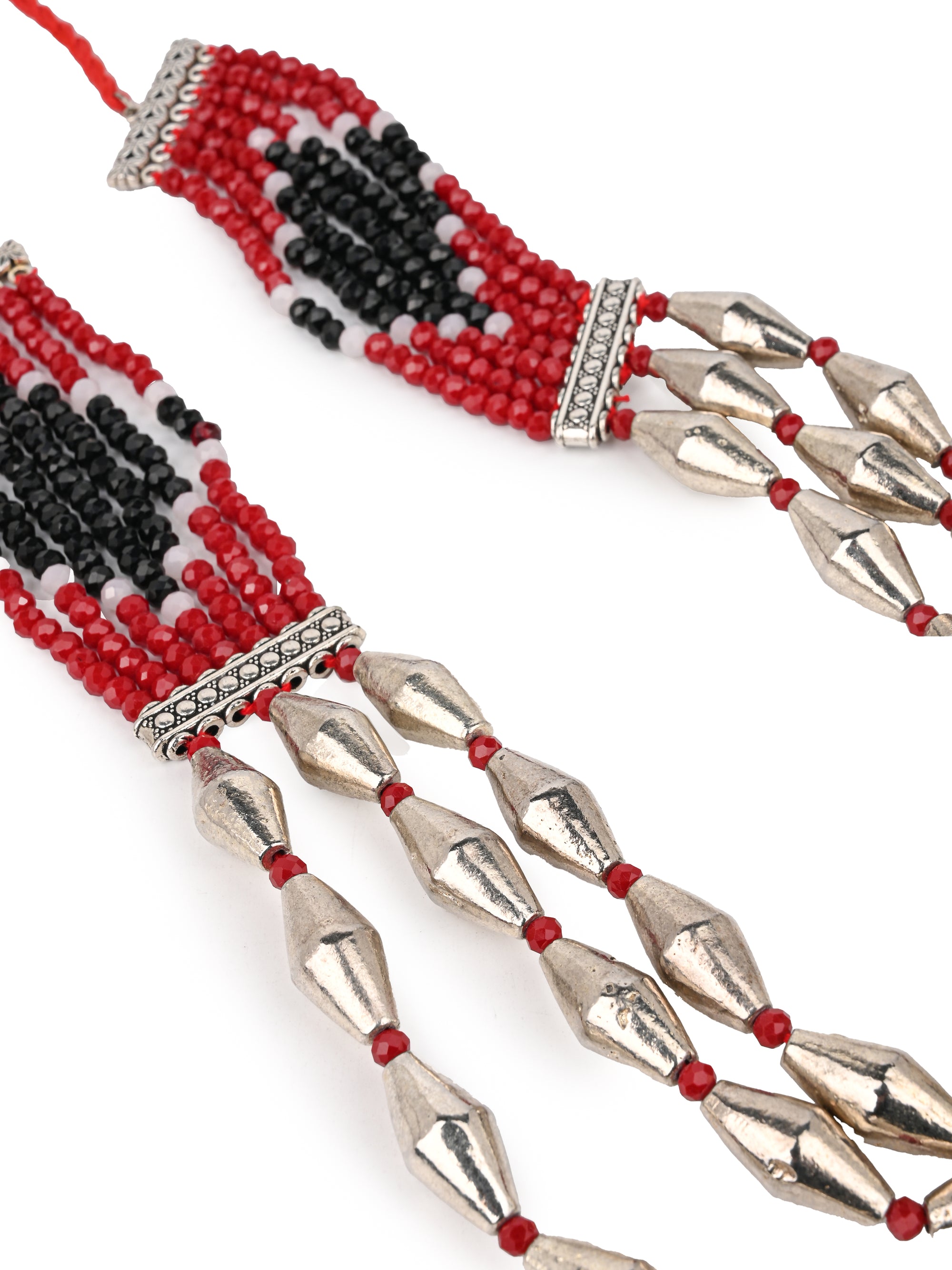 MAURYANA - Silver beads 3 layer necklace set with pair of earrings - adjustable length