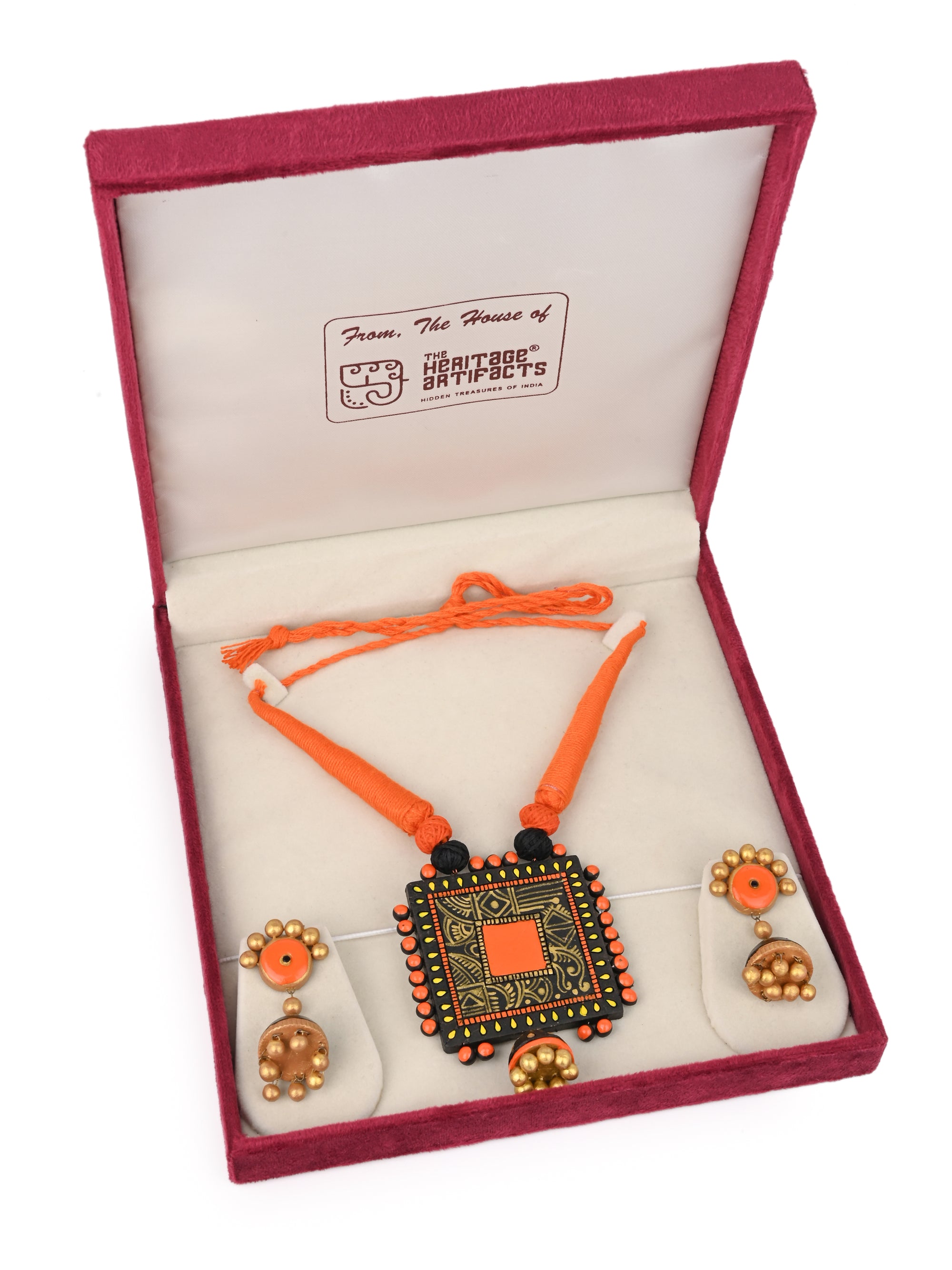 MAURYANA - Terracotta square design pendant necklace set with earrings available in assorted colors - adjustable length