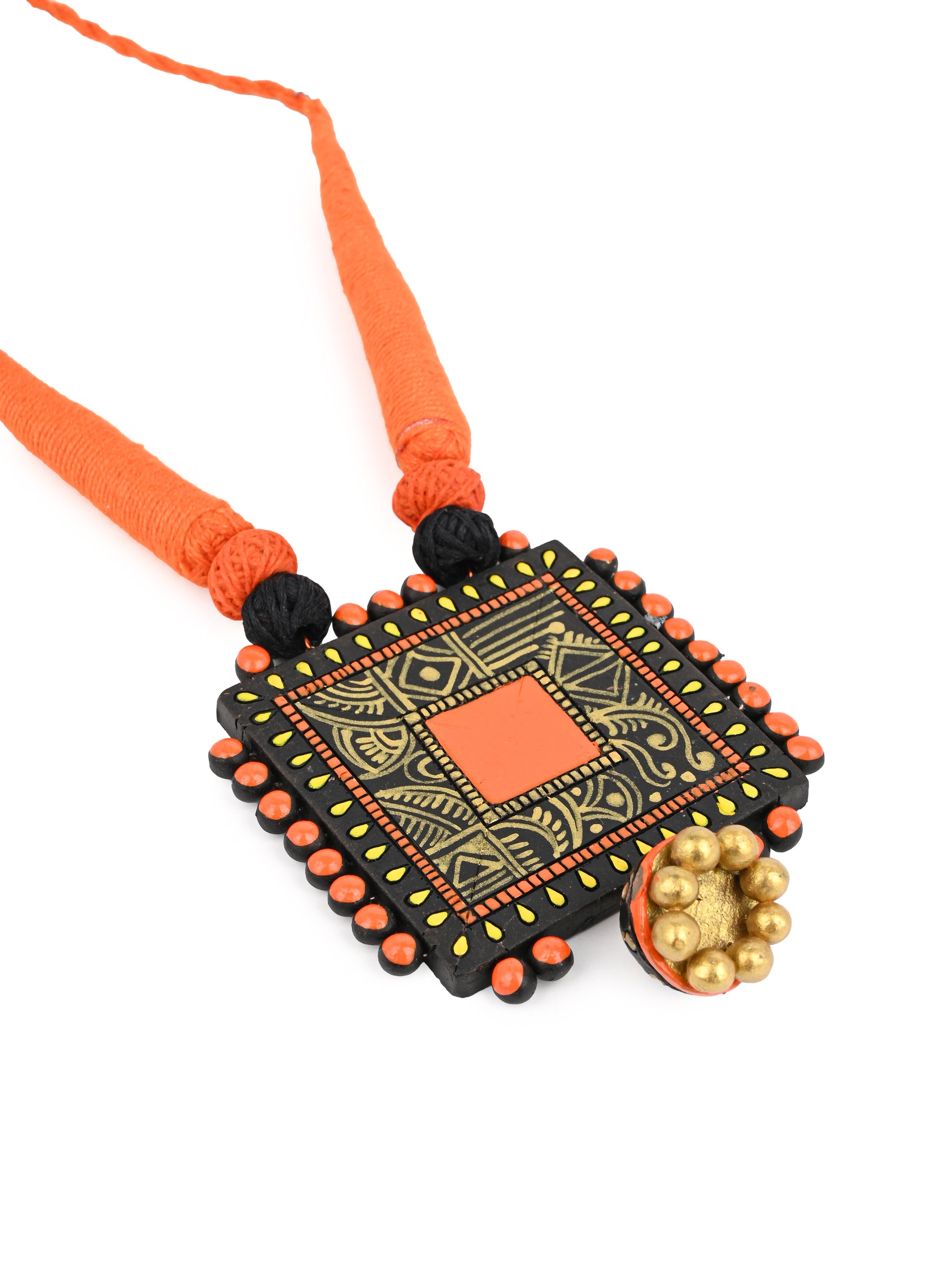 MAURYANA - Terracotta square design pendant necklace set with earrings available in assorted colors - adjustable length