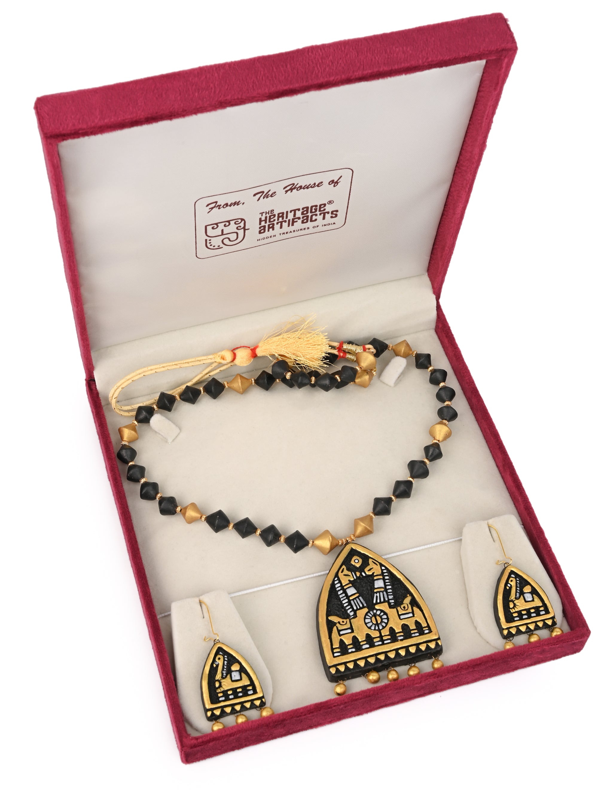 MAURYANA - Terracotta kathakali horse design pendant necklace set with earrings - adjustable length