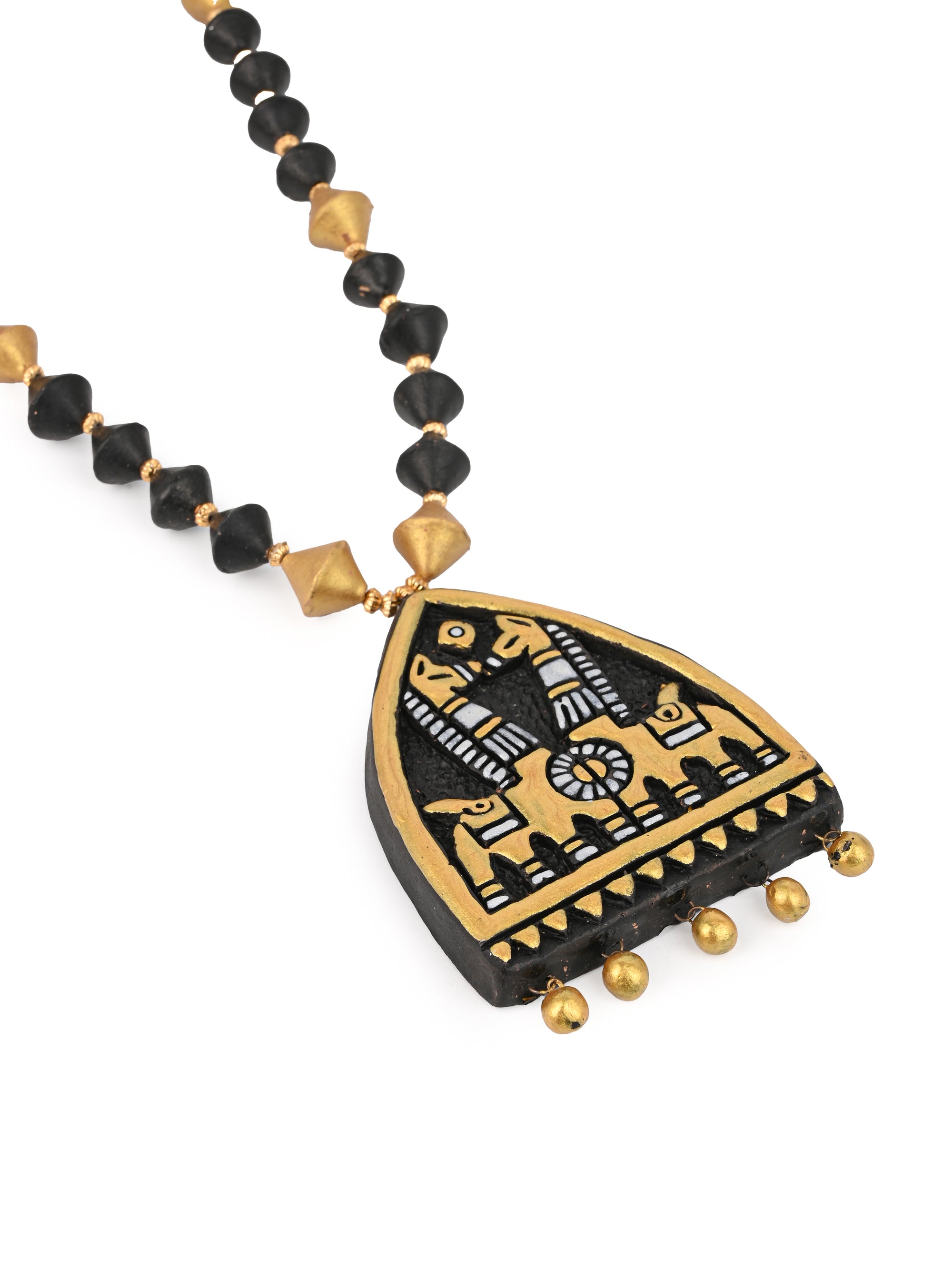 MAURYANA - Terracotta kathakali horse design pendant necklace set with earrings - adjustable length