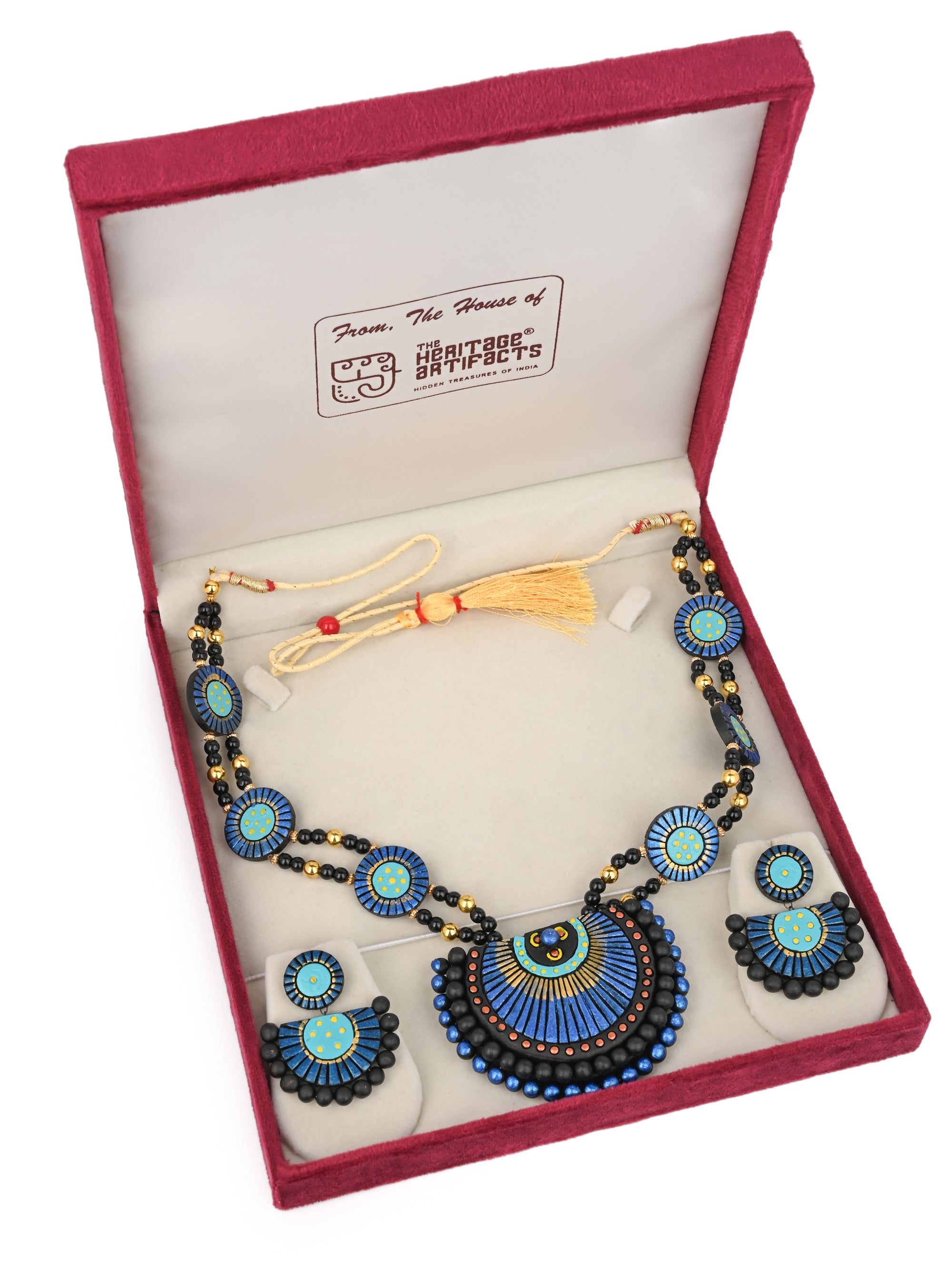 MAURYANA - Terracotta peacock effect necklace set with earrings - adjustable length