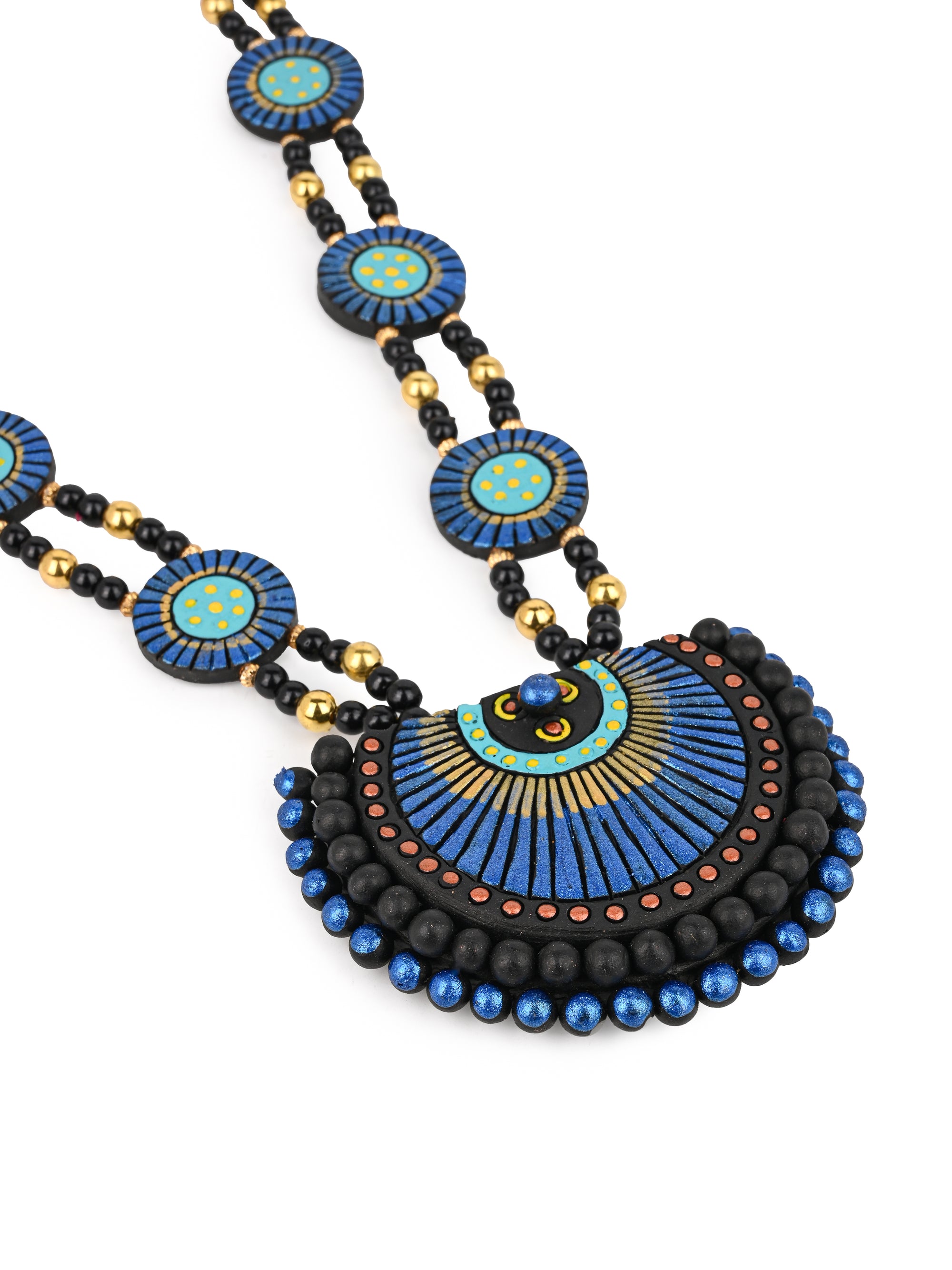 MAURYANA - Terracotta peacock effect necklace set with earrings - adjustable length