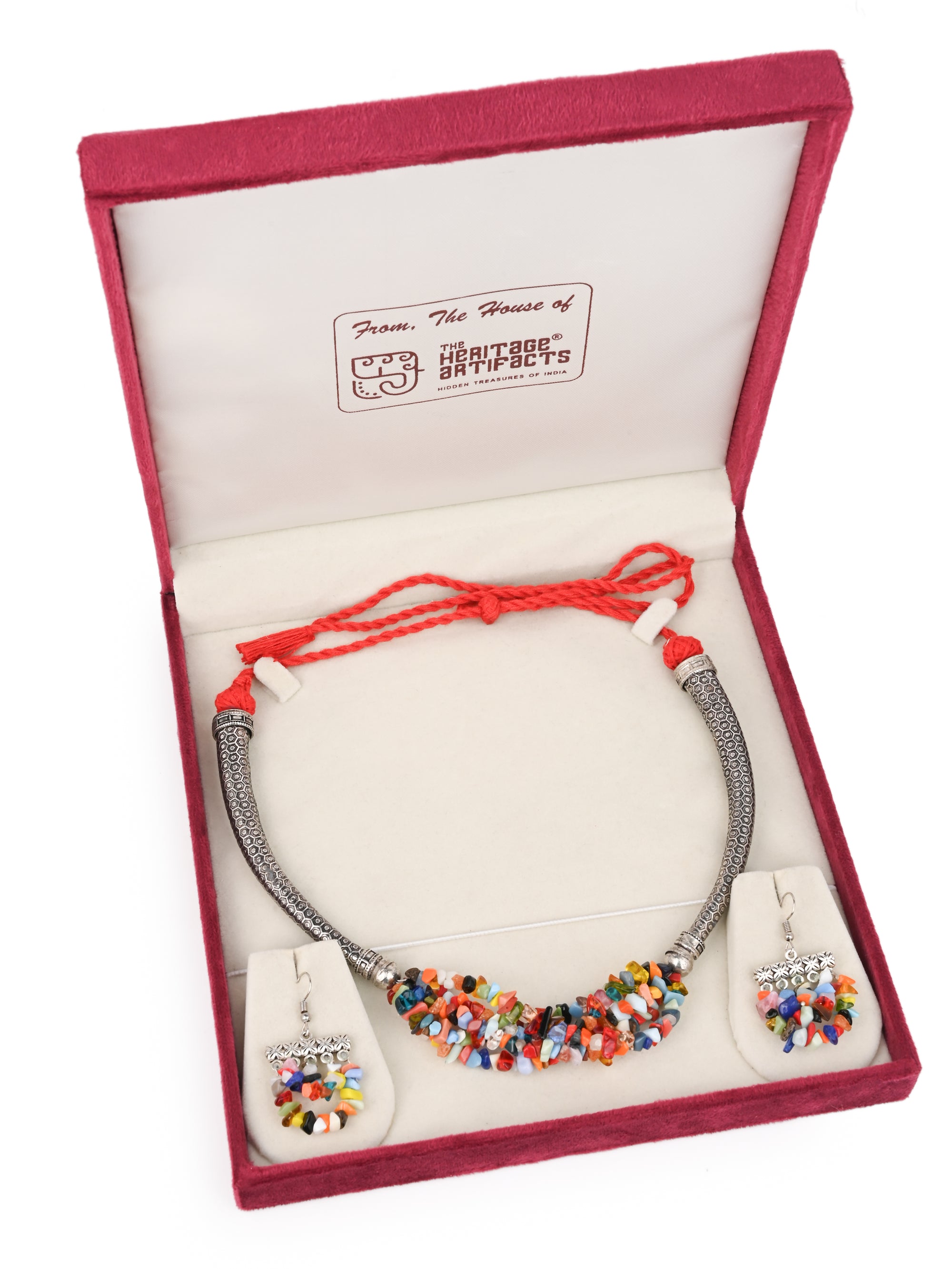 MAURYANA - Metal cone pipe with colorful beaded necklace and earrings set - adjustable length