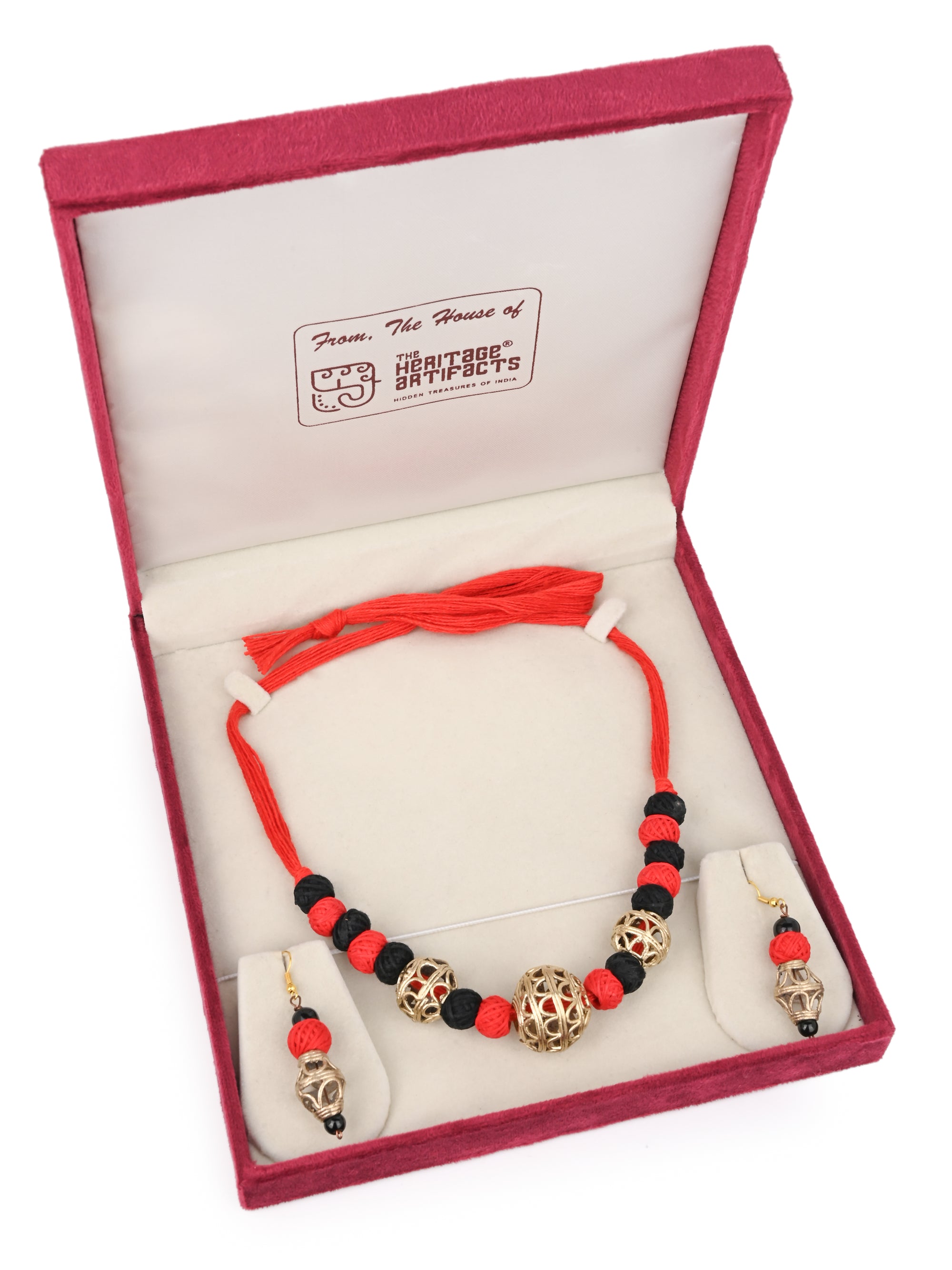 MAURYANA - Dokra craft 3 pendant necklace set with earrings - black and red color options - adjustable length