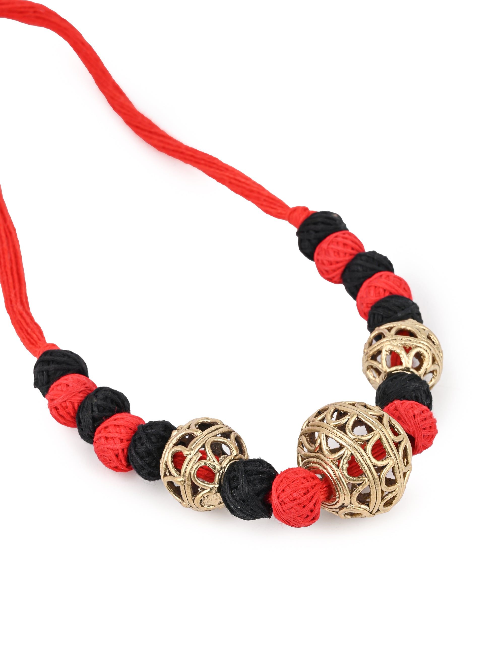 MAURYANA - Dokra craft 3 pendant necklace set with earrings - black and red color options - adjustable length