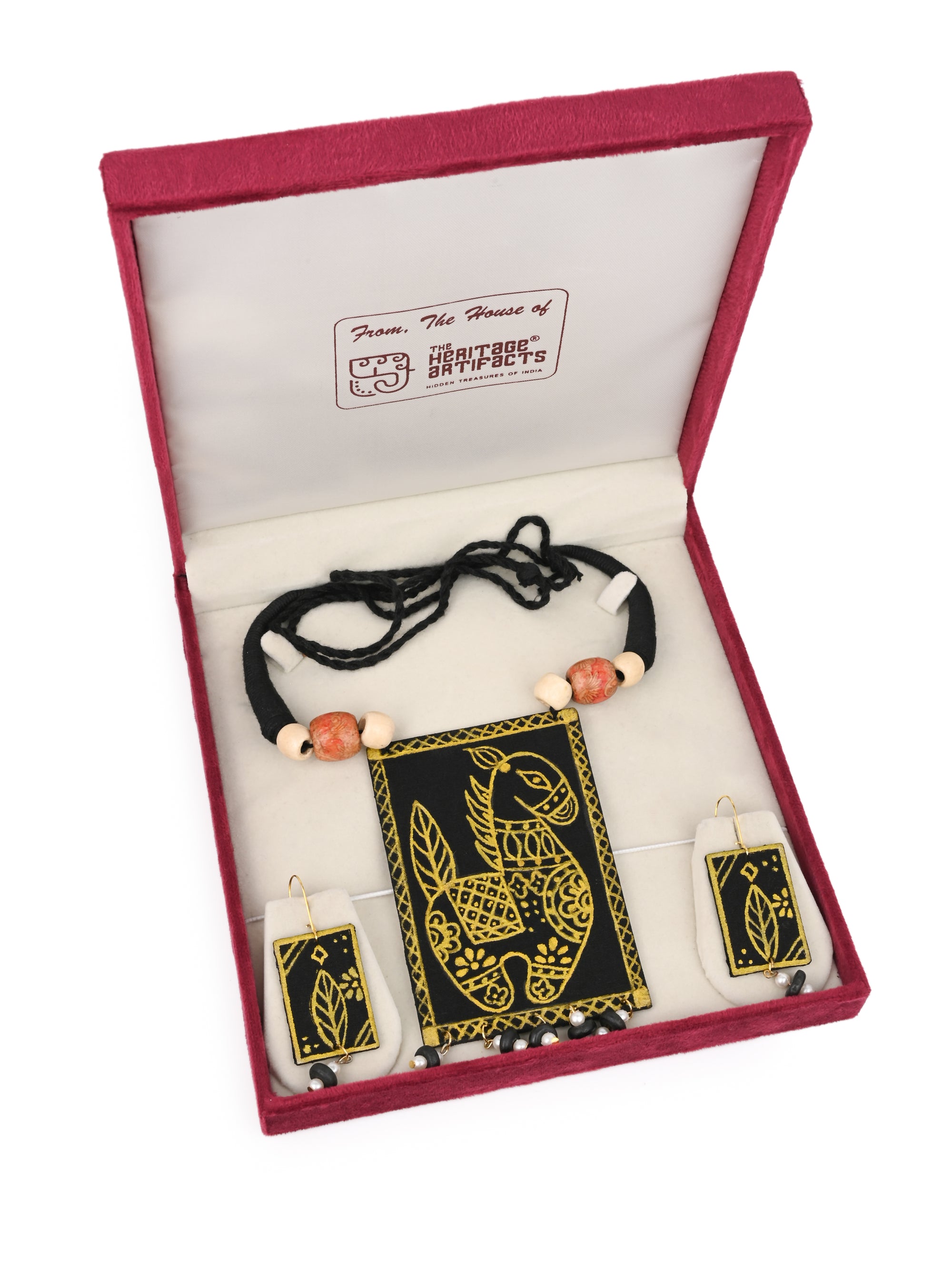 MAURYANA - Fabric crafted terracotta horse design pendant necklace set with earrings - adjustable length