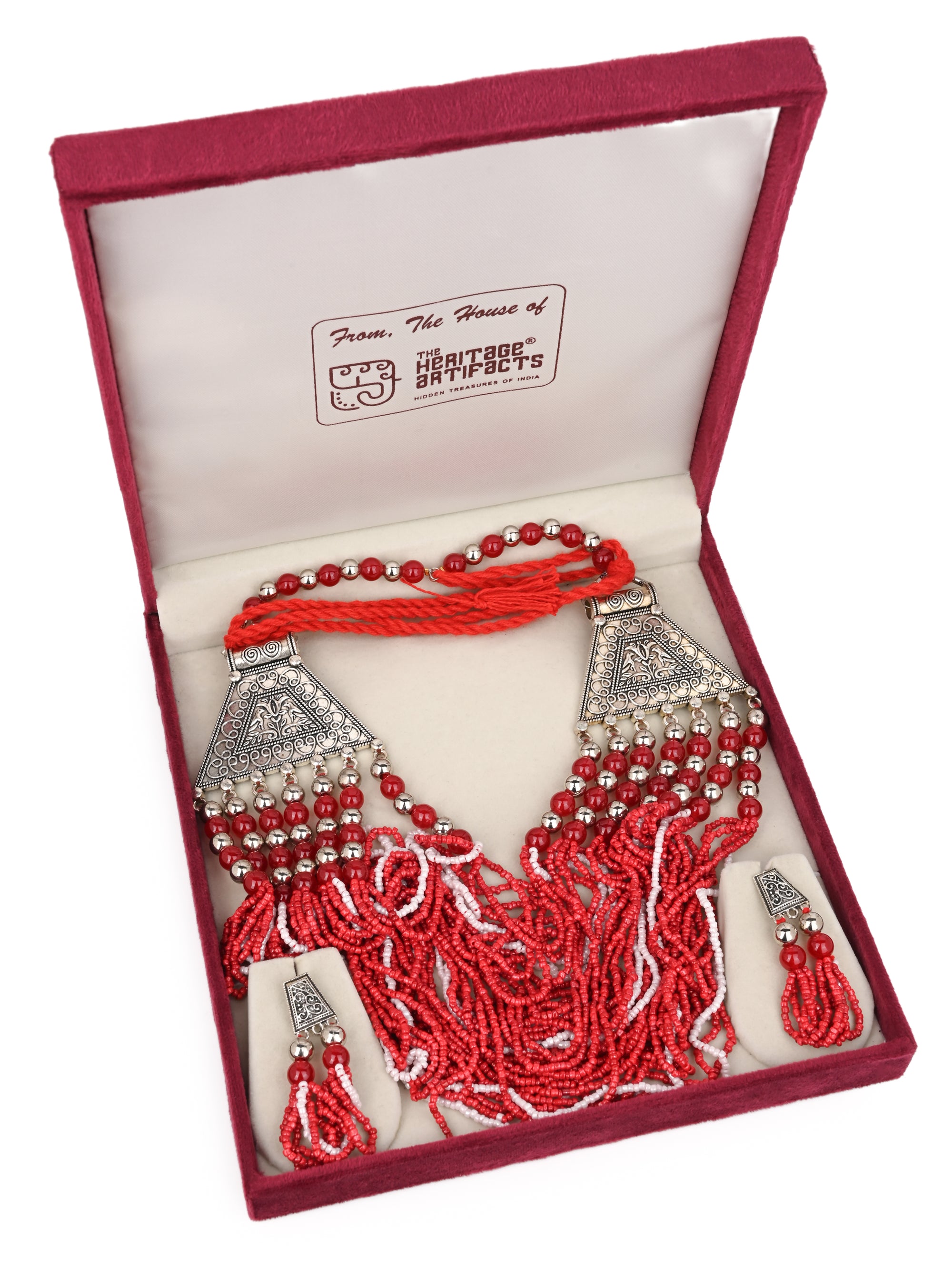 MAURYANA - Red color heavy beadwork necklace set with earrings - adjustable length