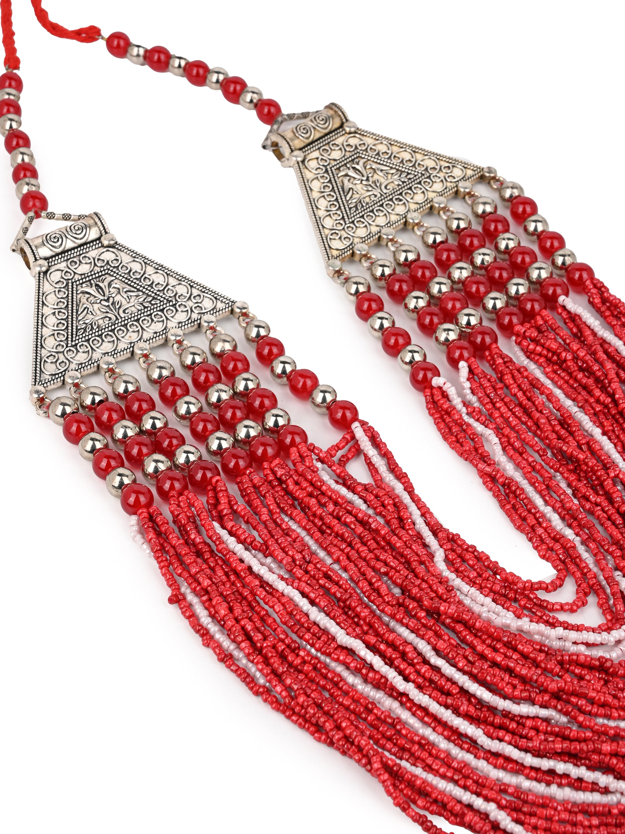 MAURYANA - Red color heavy beadwork necklace set with earrings - adjustable length
