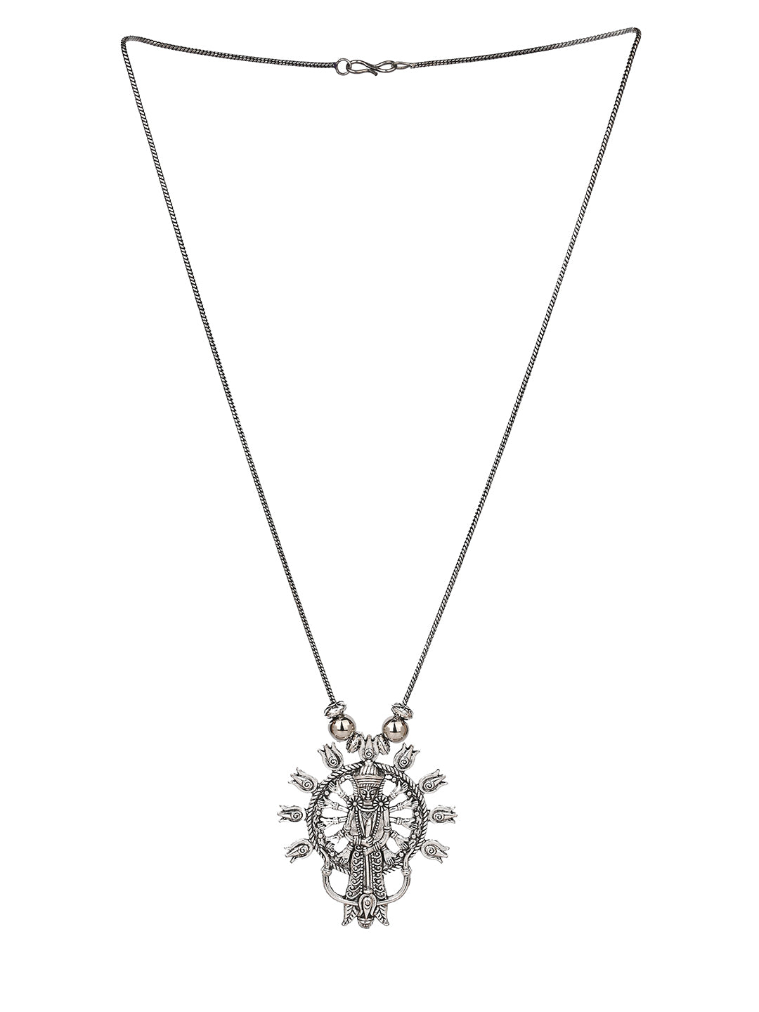 MAURYANA - Oxidised silver durga mata pendant necklace set with earrings - one size