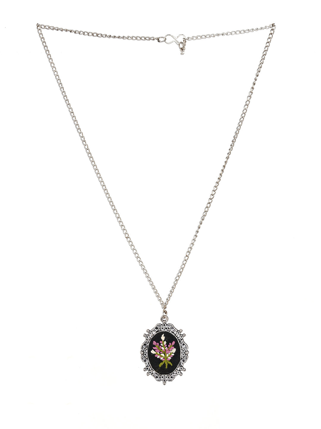 MAURYANA - Pink flower bunch embroidered pendant necklace set with earrings