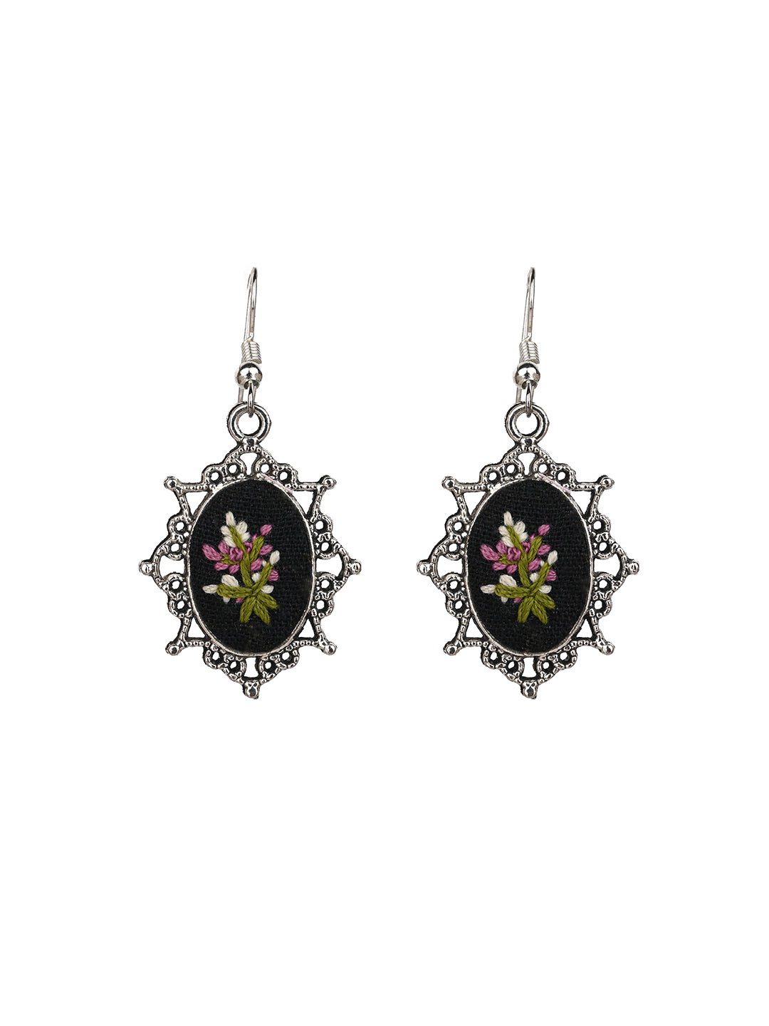 MAURYANA - Pink flower bunch embroidered pendant necklace set with earrings