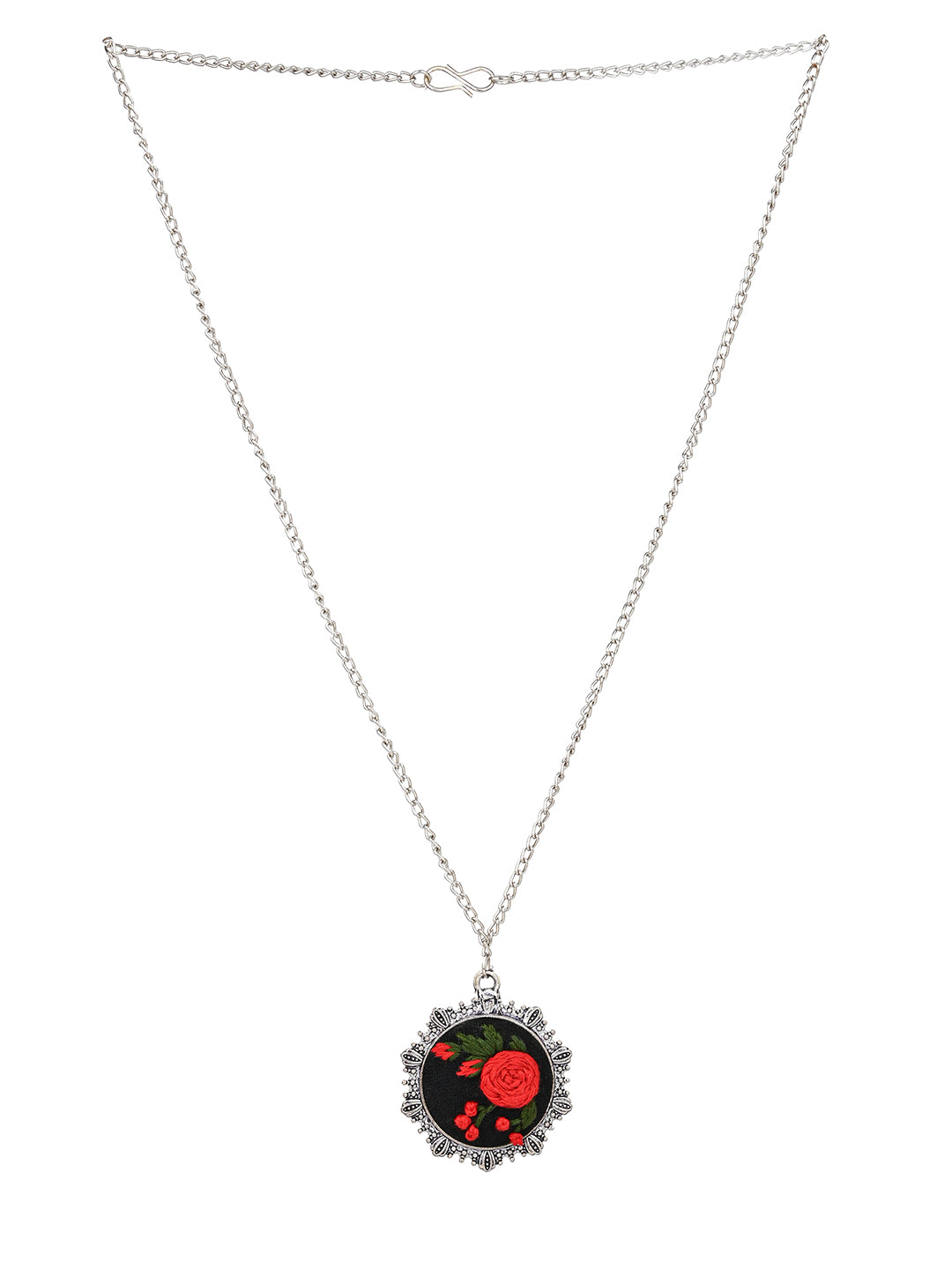 MAURYANA - Red rose on black base embroidered pendant necklace set with earrings