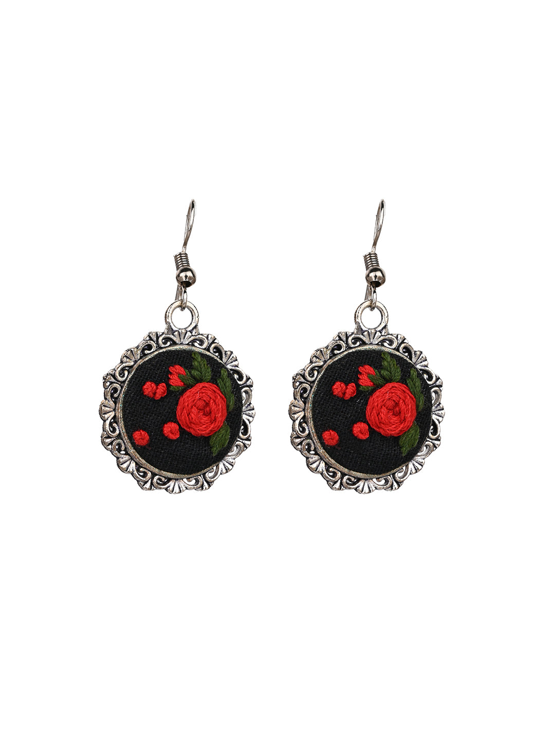 MAURYANA - Red rose on black base embroidered pendant necklace set with earrings