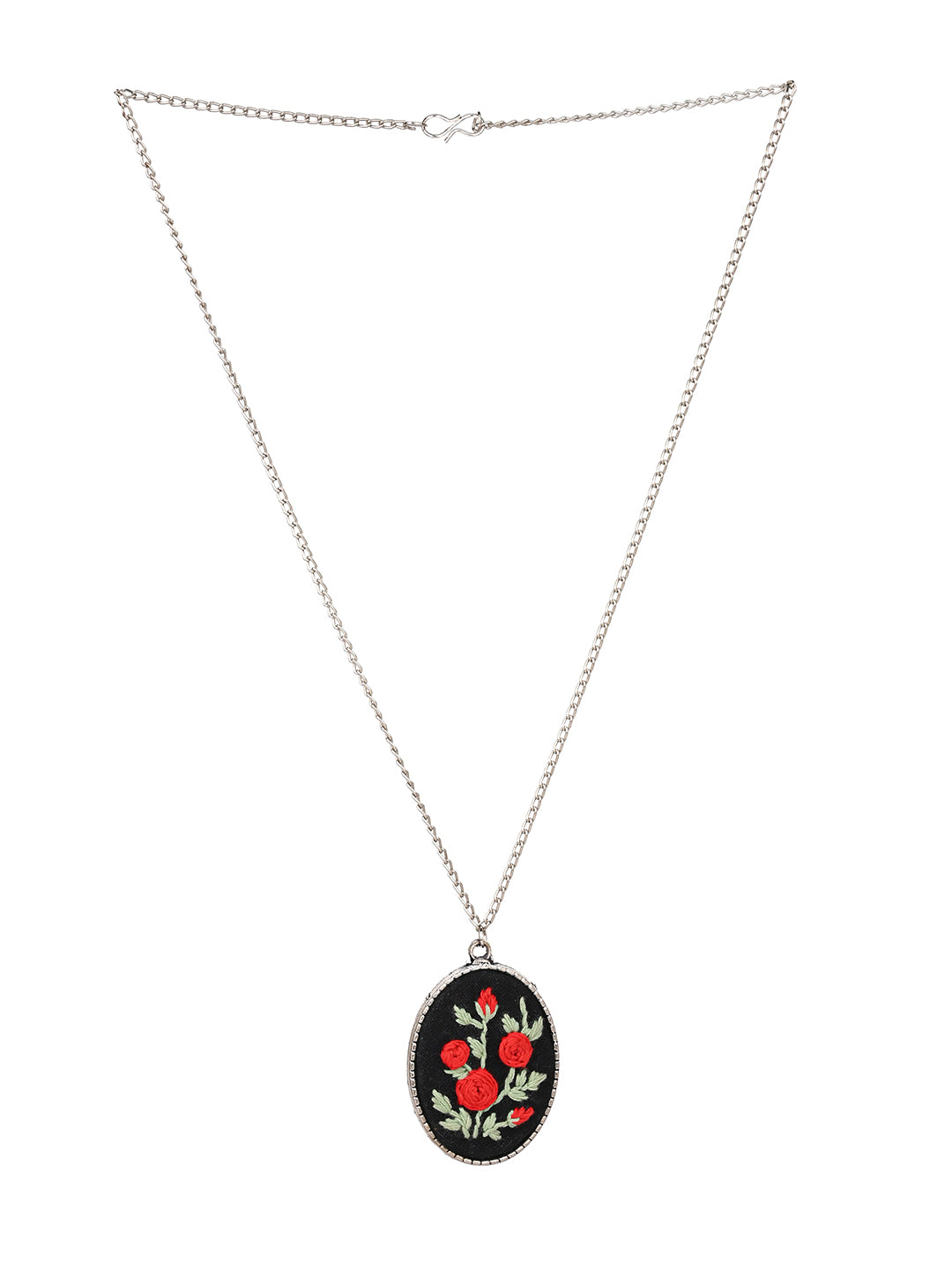 MAURYANA - Red rose and leaves embroidered pendant necklace set with earrings