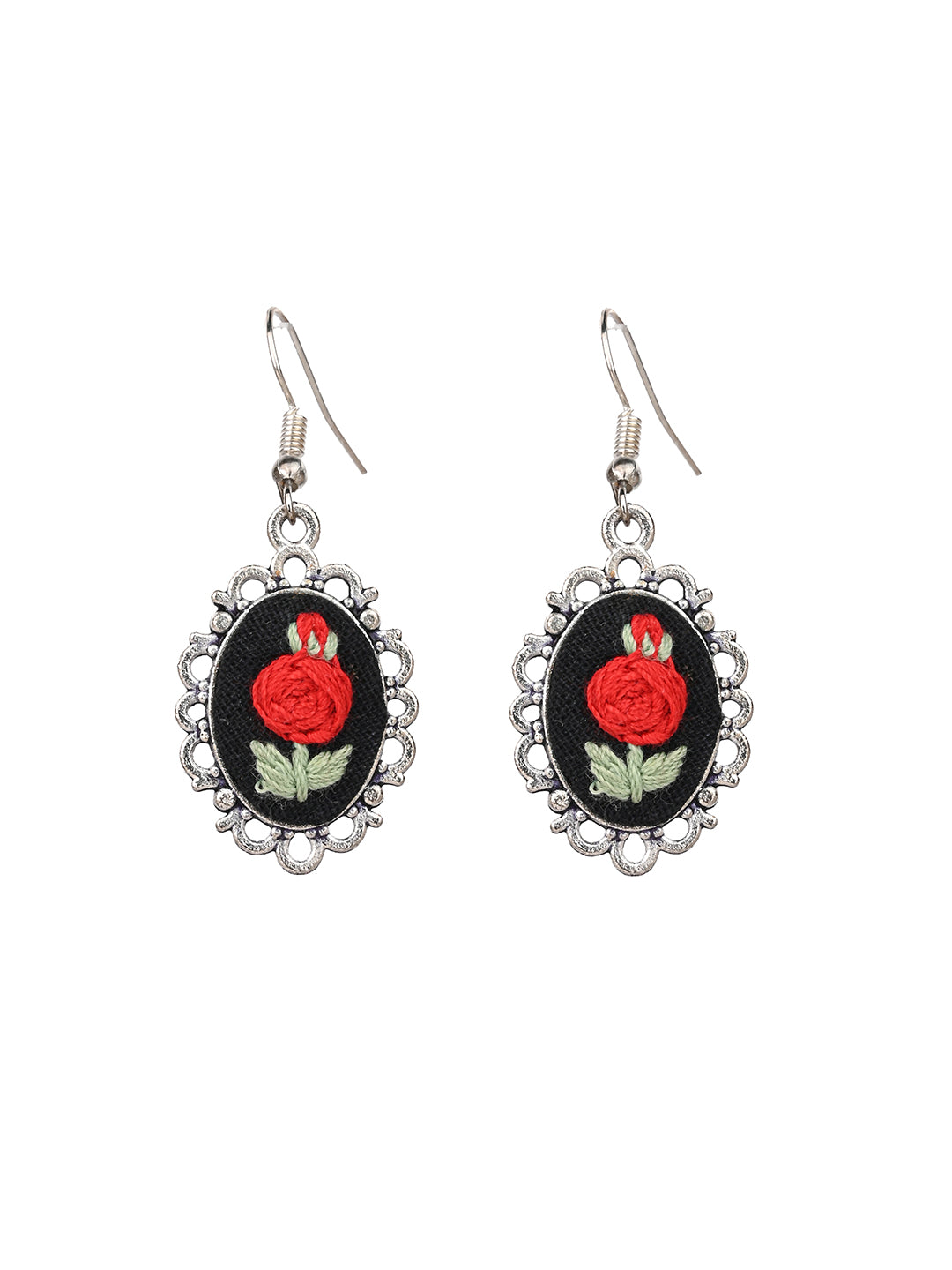 MAURYANA - Red rose and leaves embroidered pendant necklace set with earrings