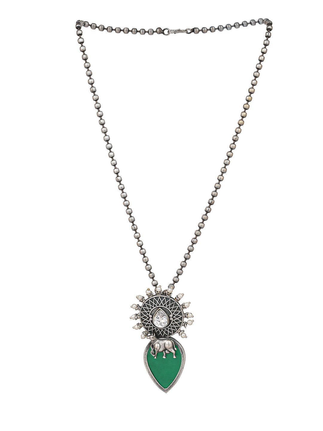 MAURYANA - Oxidised silver with green stone necklace set with earrings - one size