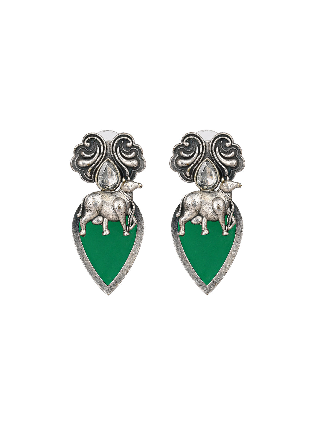 MAURYANA - Oxidised silver with green stone necklace set with earrings - one size
