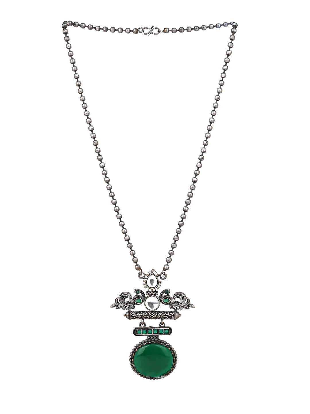 MAURYANA - Oxidised silver with green stone embellished necklace set with earrings - one size