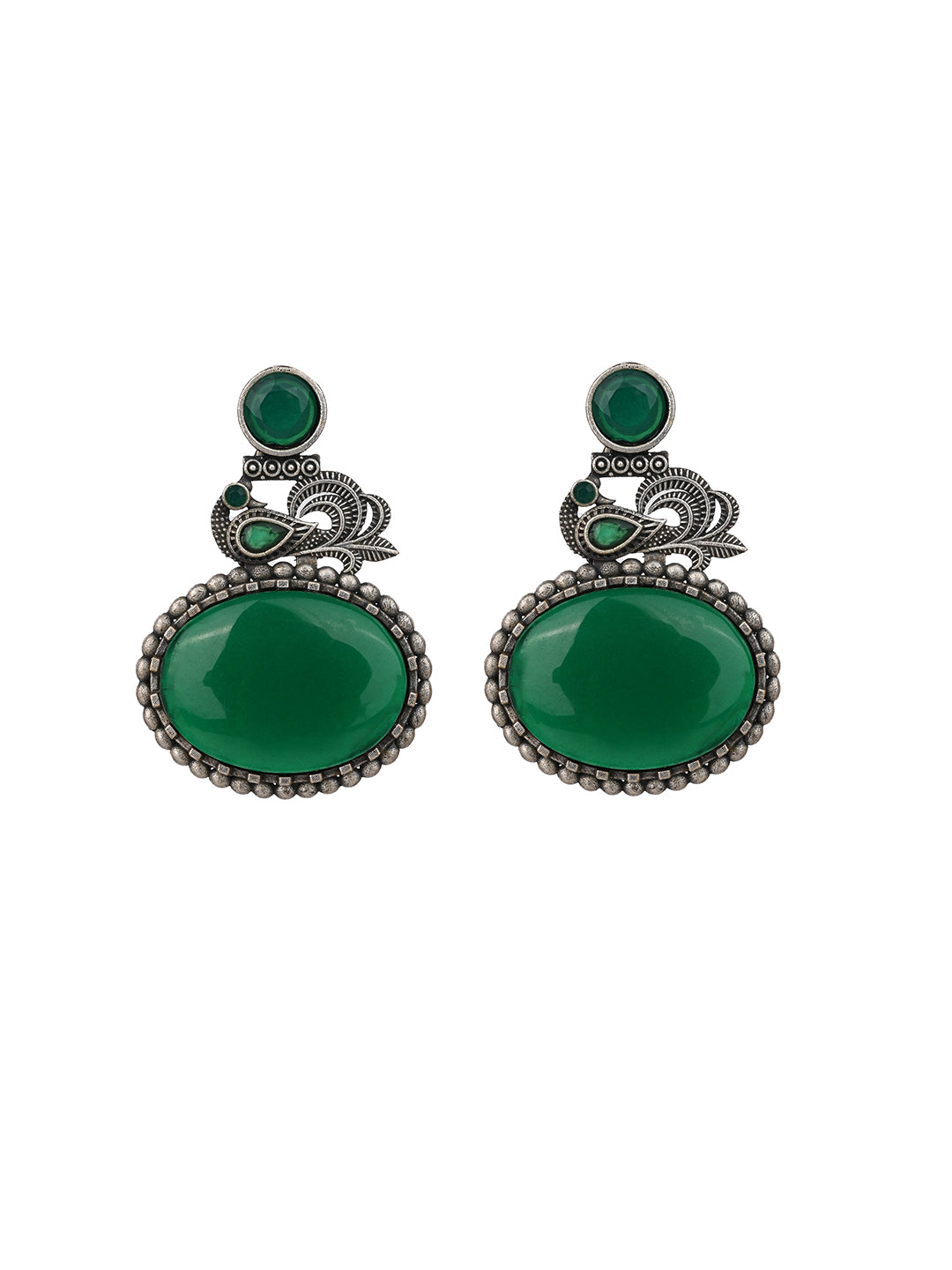 MAURYANA - Oxidised silver with green stone embellished necklace set with earrings - one size