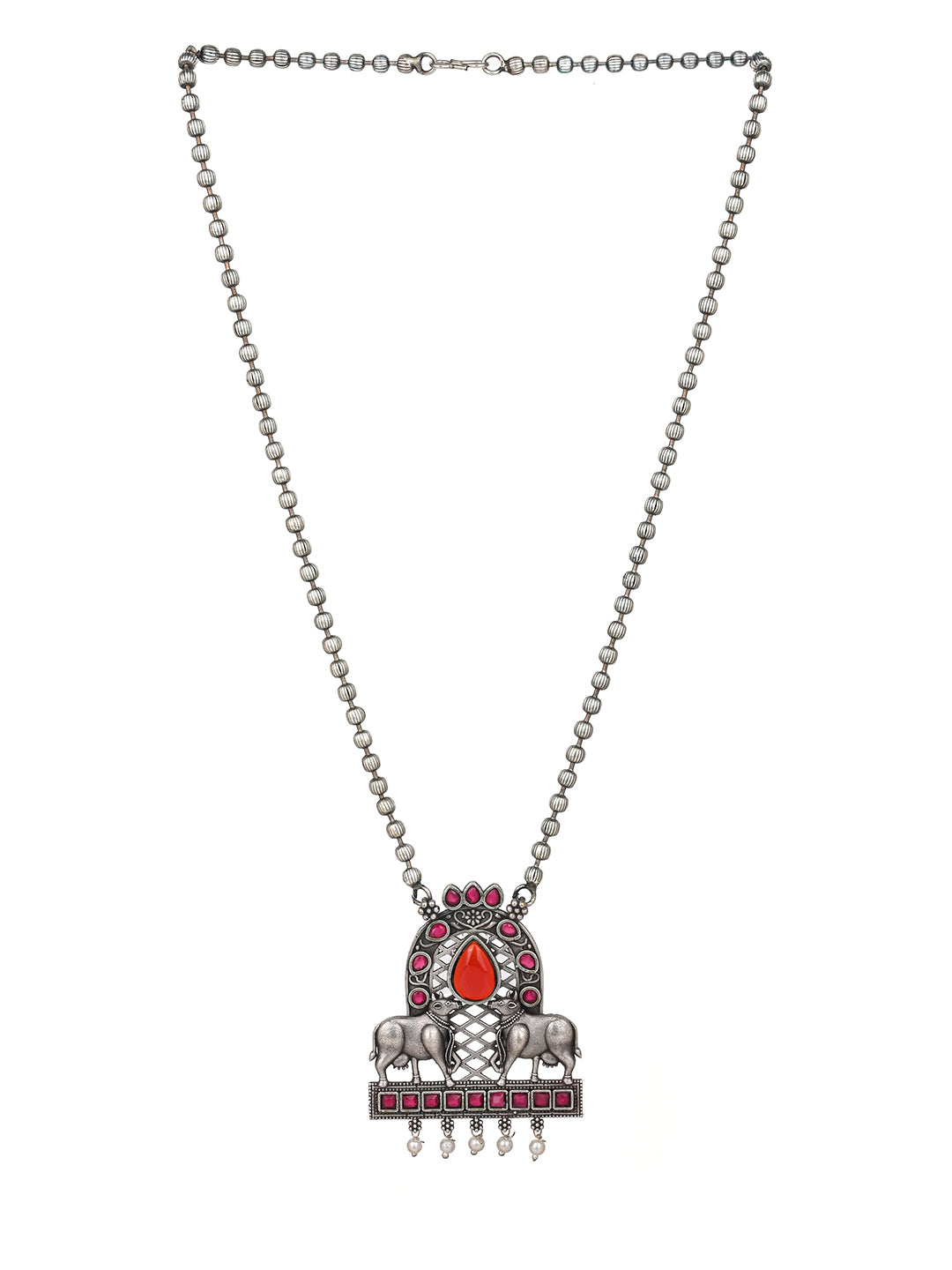 MAURYANA - Oxidised silver pair of cow pendant necklace set with earrings - one size